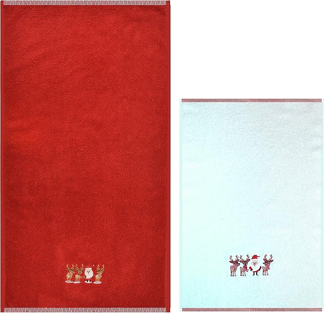 Allure Santa Christmas Towels, Pack of 2, Hand Towel (50 x 90cm) & Guest Towel (40 x 60cm), 100% Cotton