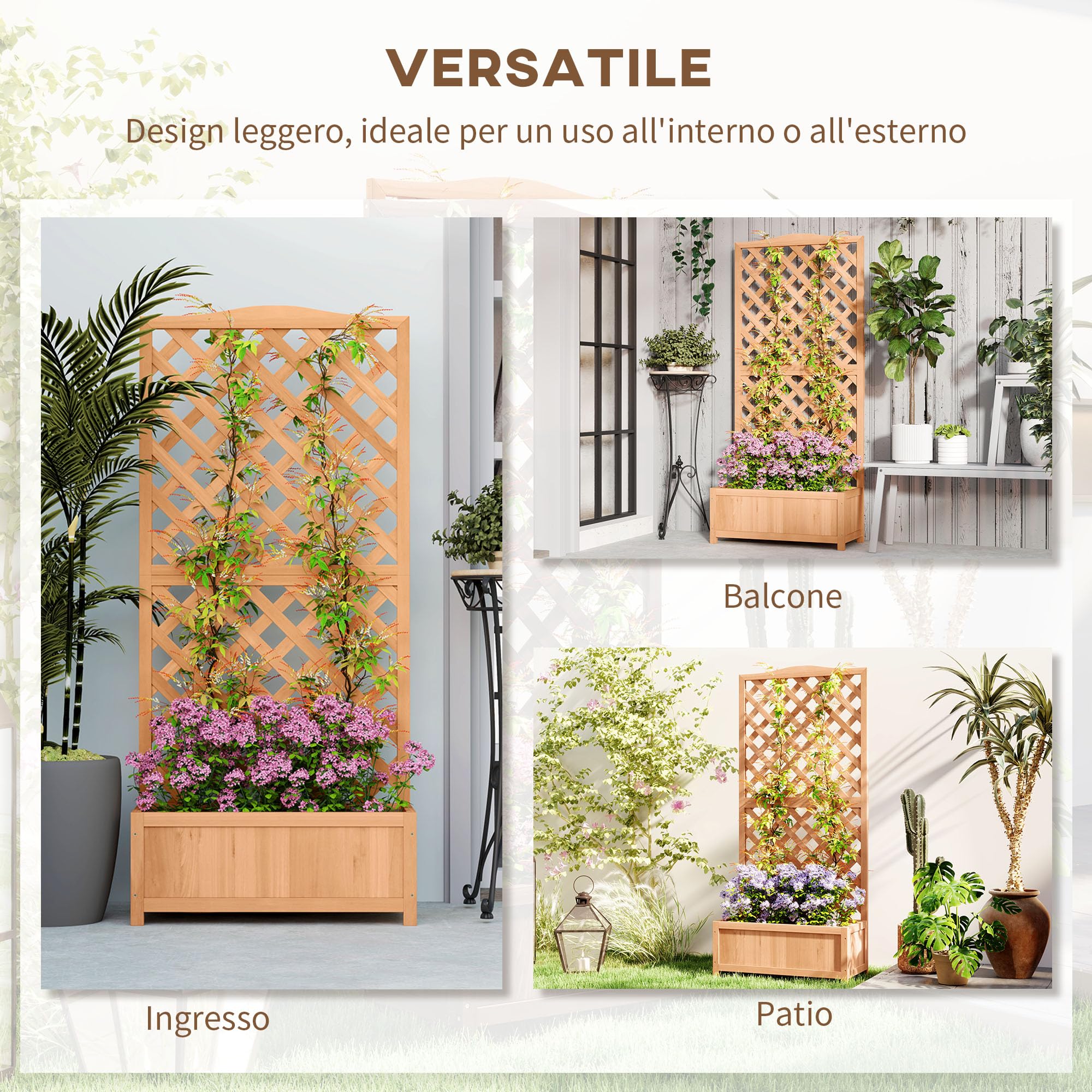 Outsunny Letto per Orto Rialzato da Esterno con Grigliato, Fioriera da Esterno con Traliccio per Piante Rampicanti in Legno di Abete, per Fiori e Verdure, per Giardino e Balcone, 76x36x170 cm, Marrone