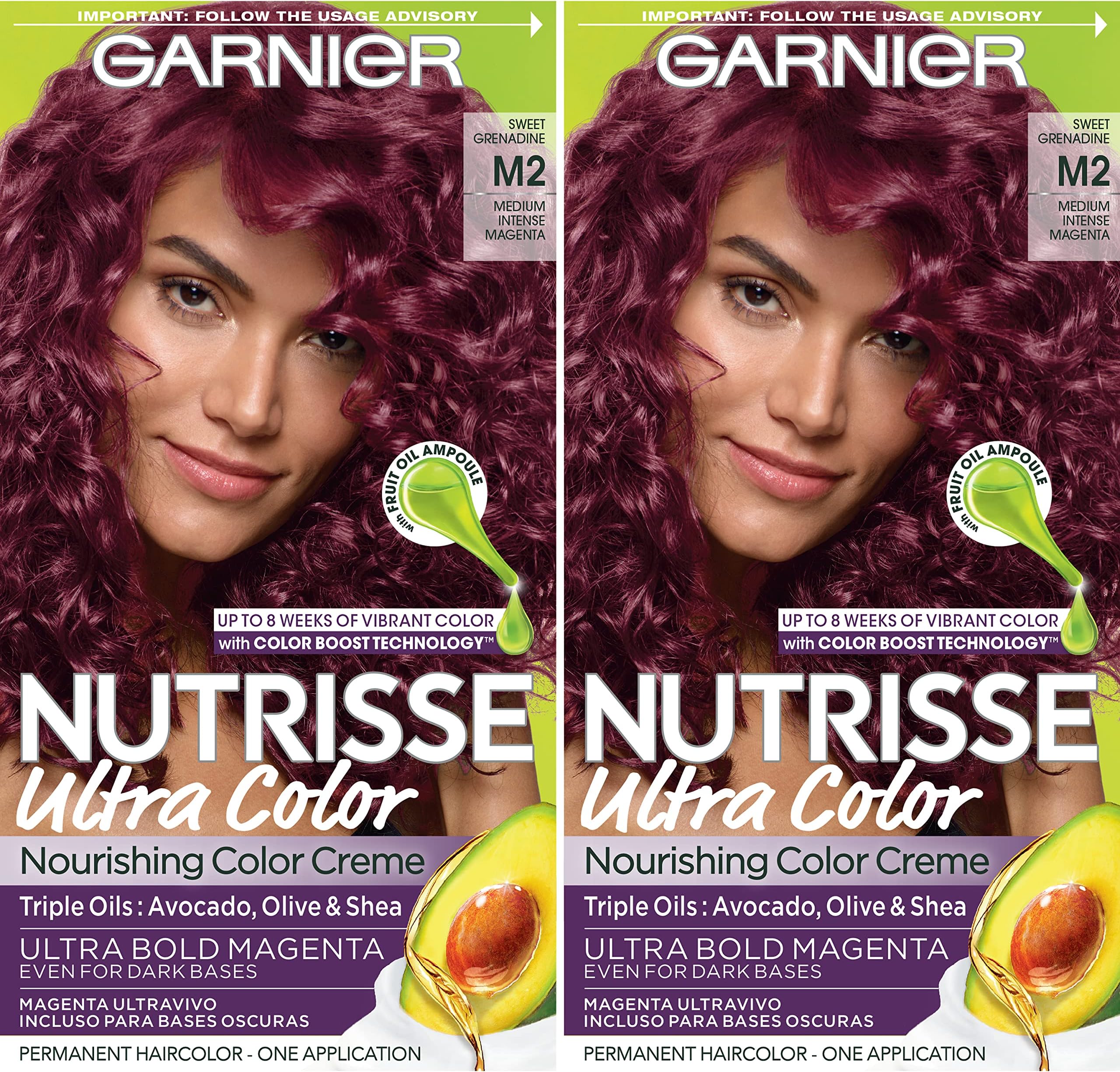 Garnier Hair Color Nutrisse Ultra Color Nourishing Creme, M2 Medium Intense Magenta (Sweet Grenadine) Permanent Hair Dye, 2 Count (Packaging May Vary)