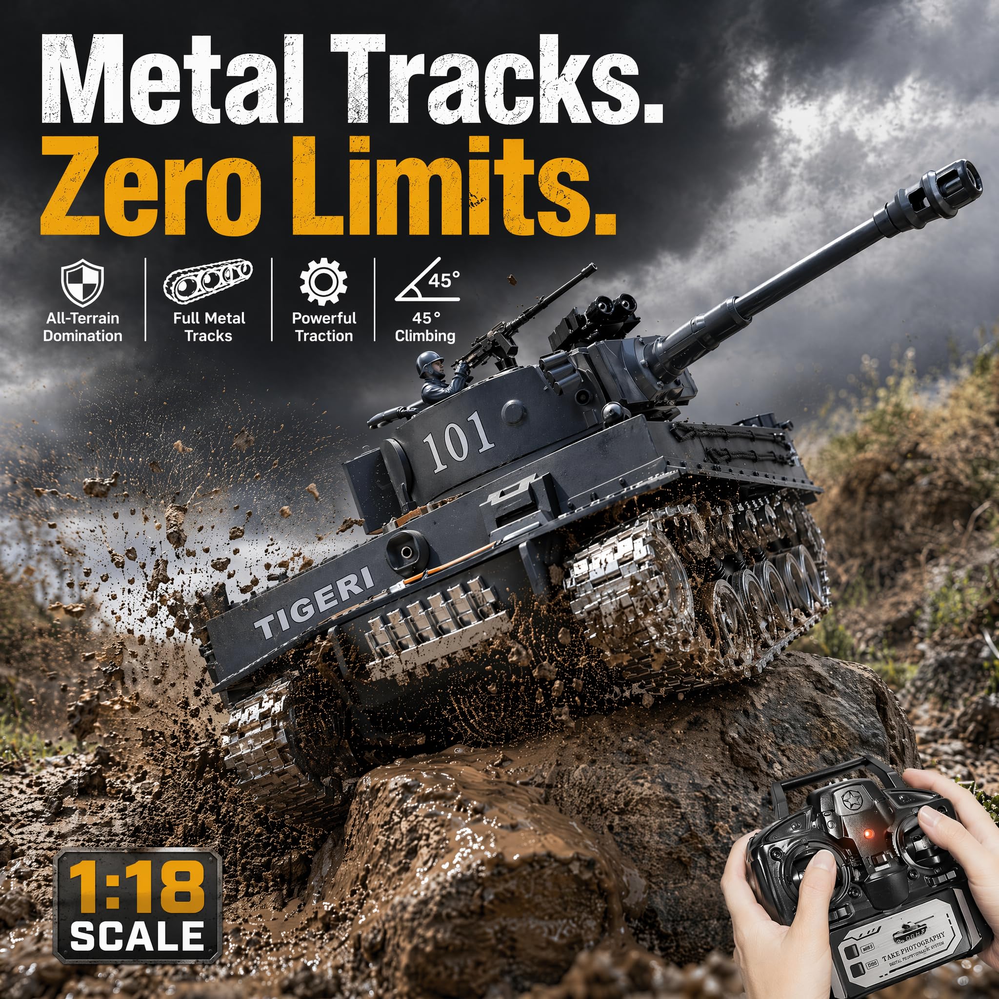 Tanque RC Tiger 1:18 Orugas Metálicas – Retroceso Realista Disparo Agua 2.4GHz | Tanque Teledirigido Militar Juguete Regalo Niño 8 Años | Kit Completo