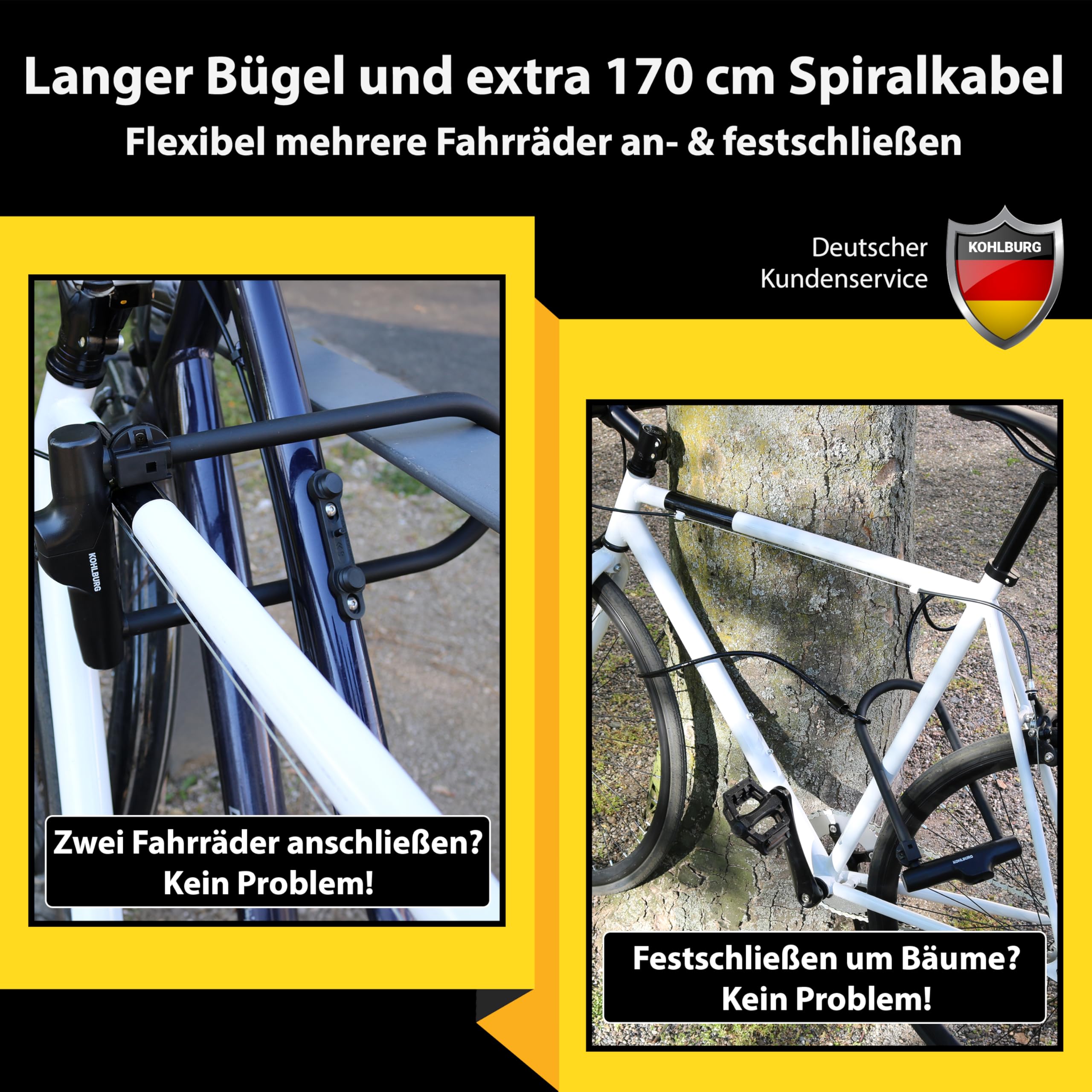 KOHLBURG Sicherheits- Bügelschloss höchste Sicherheitsstufe 15/15 mit 170 cm Kabel - sicheres Bügel Schloss groß mit Halterung für E-Bike & Fahrrad - Fahrradschloss hohe Sicherheit - U Lock Bike