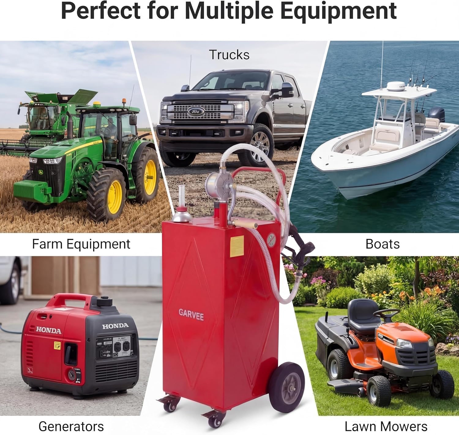 Garvee 35 Gallon Portable Fuel Caddy with Manual Rotary Pump, Heavy-Duty Steel Transfer Tank on 4 All-Terrain Wheels, Mobile Gas & Diesel Storage Container for Trucks, Boats, ATV, Lawn Mower - Red