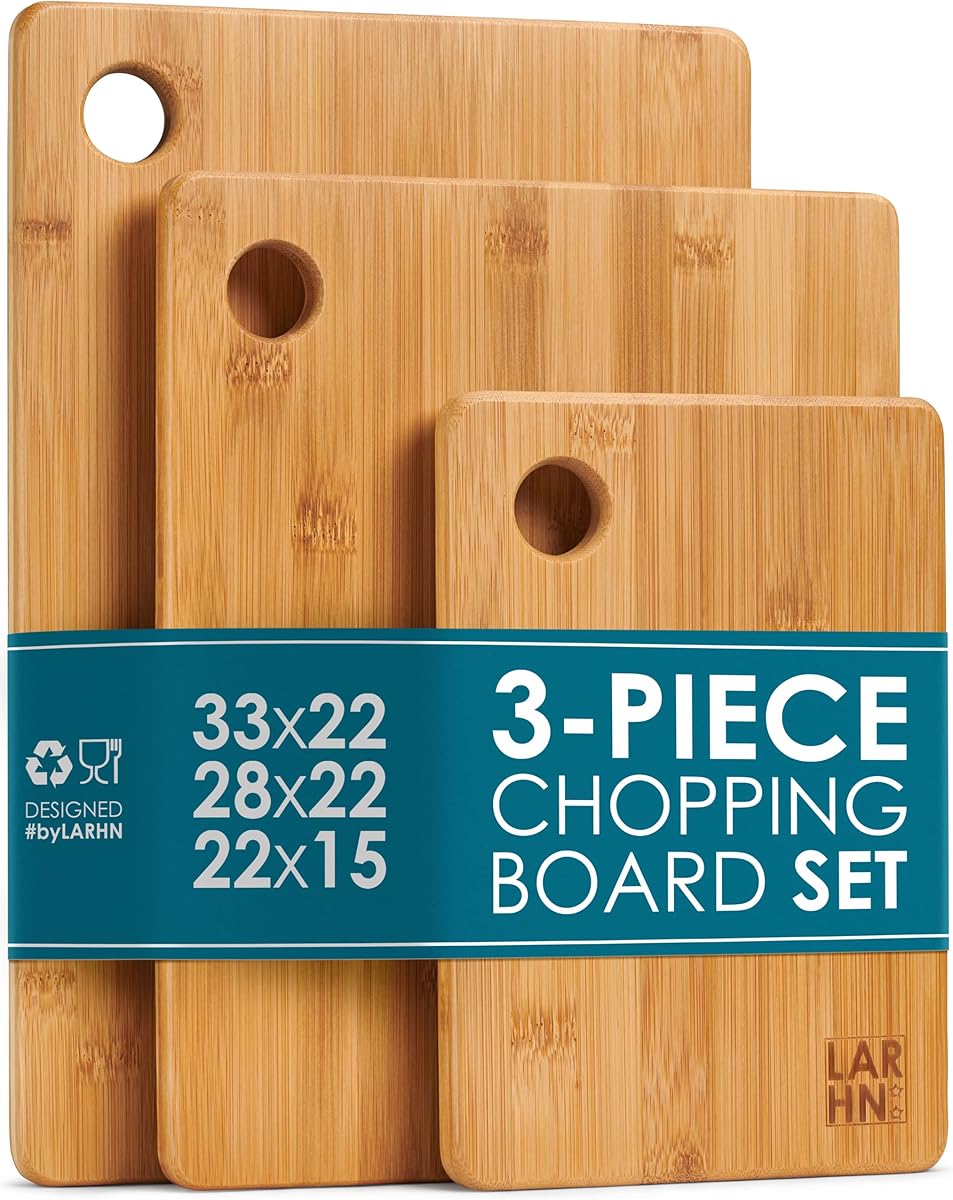 Premium Extra-Thick Wooden Chopping Boards - 3 Piece Bamboo Chopping Board Set - 33x22cm / 28x22cm / 22x15cm - Ideal for Carving Meat, Cutting Vegetables, Cheeses and Bread - by LARHN