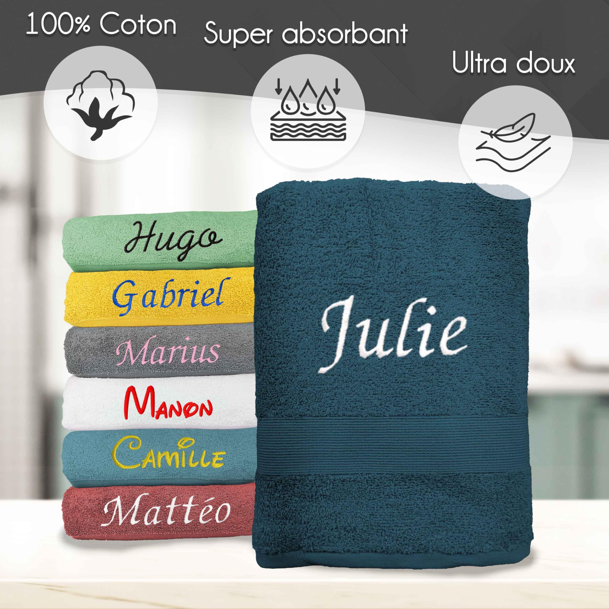 Serviette personnalisée 100% Coton Prénom brodé Drap de Bain Douche 70x130cm Bleu Nuit Cadeau Noël Anniversaire