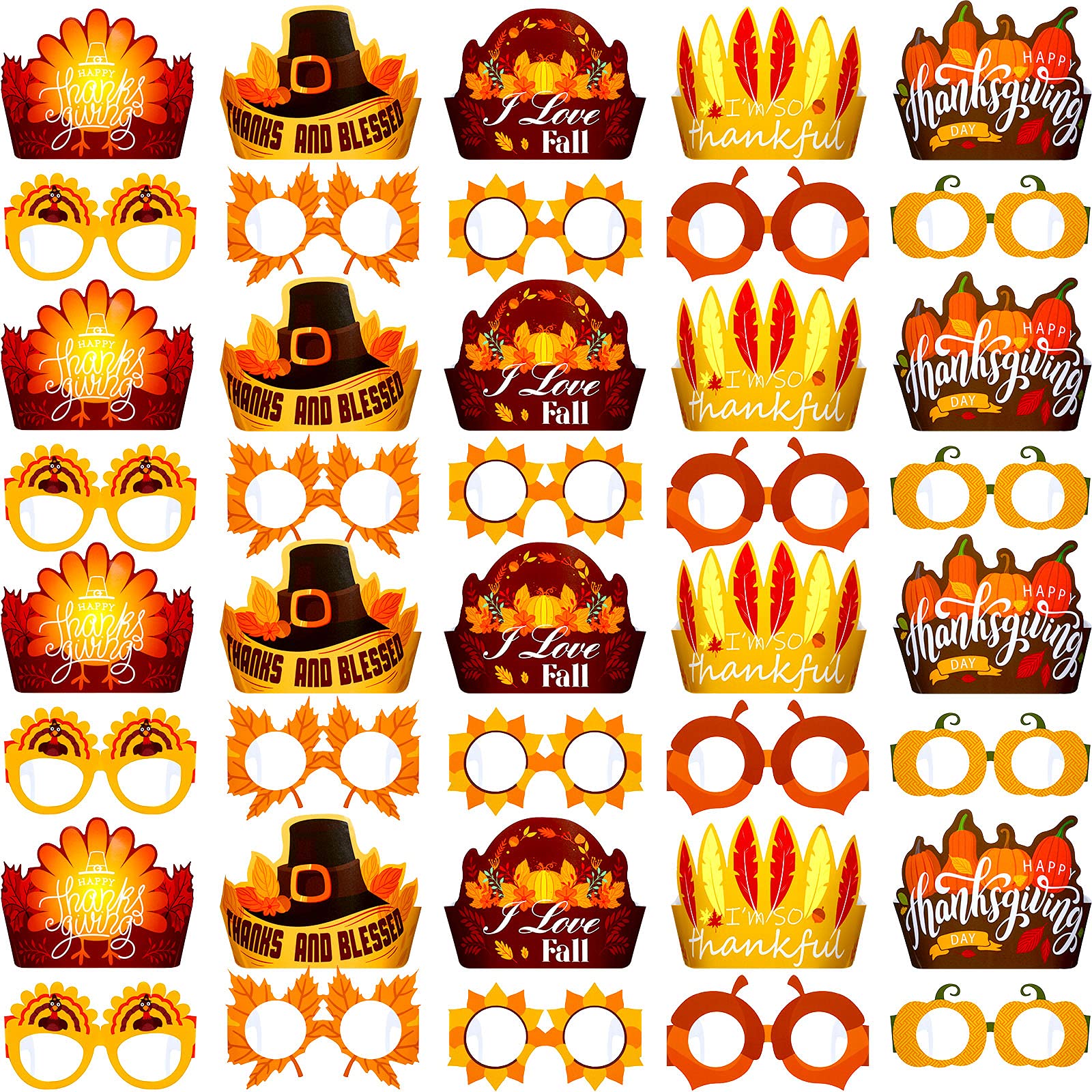 Sumind 40 Pieces Thanksgiving Paper Turkey Hat and Eyeglasses, Thanksgiving Turkey Paper Crown Adjustable Pumpkin Maple Leaf Headbands for Party