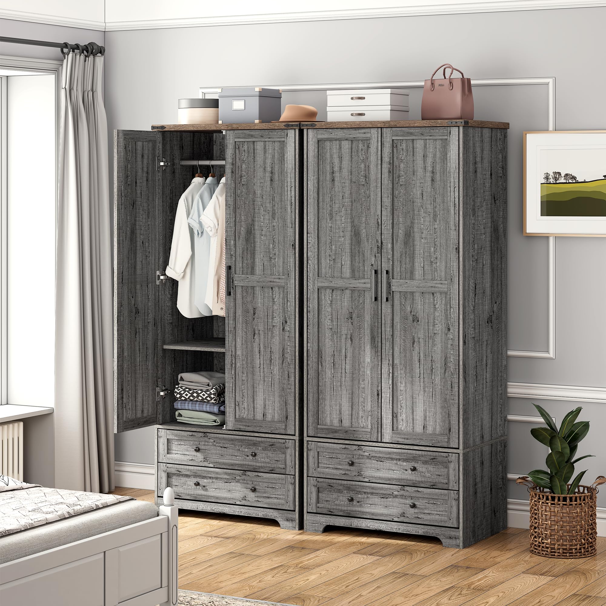 Brafab Wooden Armoire Wardrobe Closet with Drawers Grey Set of 2