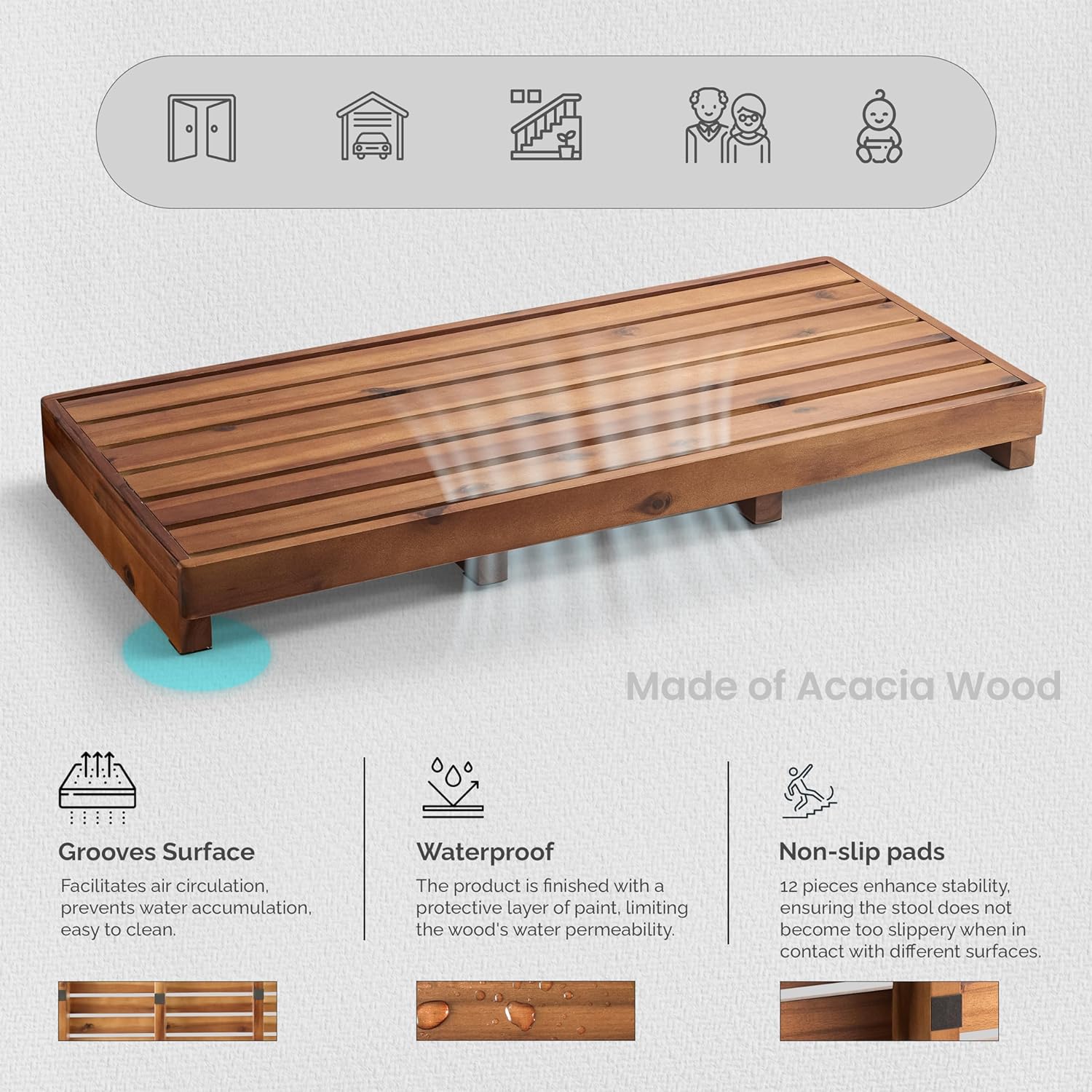 TINAMO One Step Stool for Elderly (35" Length) - Acacia Wood High Step Stool with Non-Slip Pads - 550 Lbs Wooden Mobility Stepping Stools for Handicap, Bed, Bathroom, Kitchen (Patented)