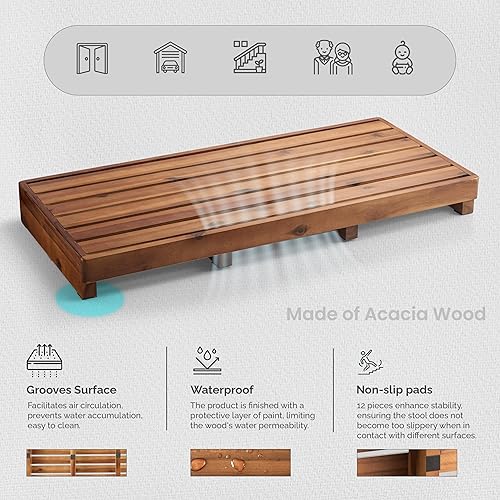 Miniatura 3 de TINAMO Taburete One Step para ancianos (35 pulgadas de longitud) Taburete alto de madera de acacia con almohadillas antideslizantes Taburetes de