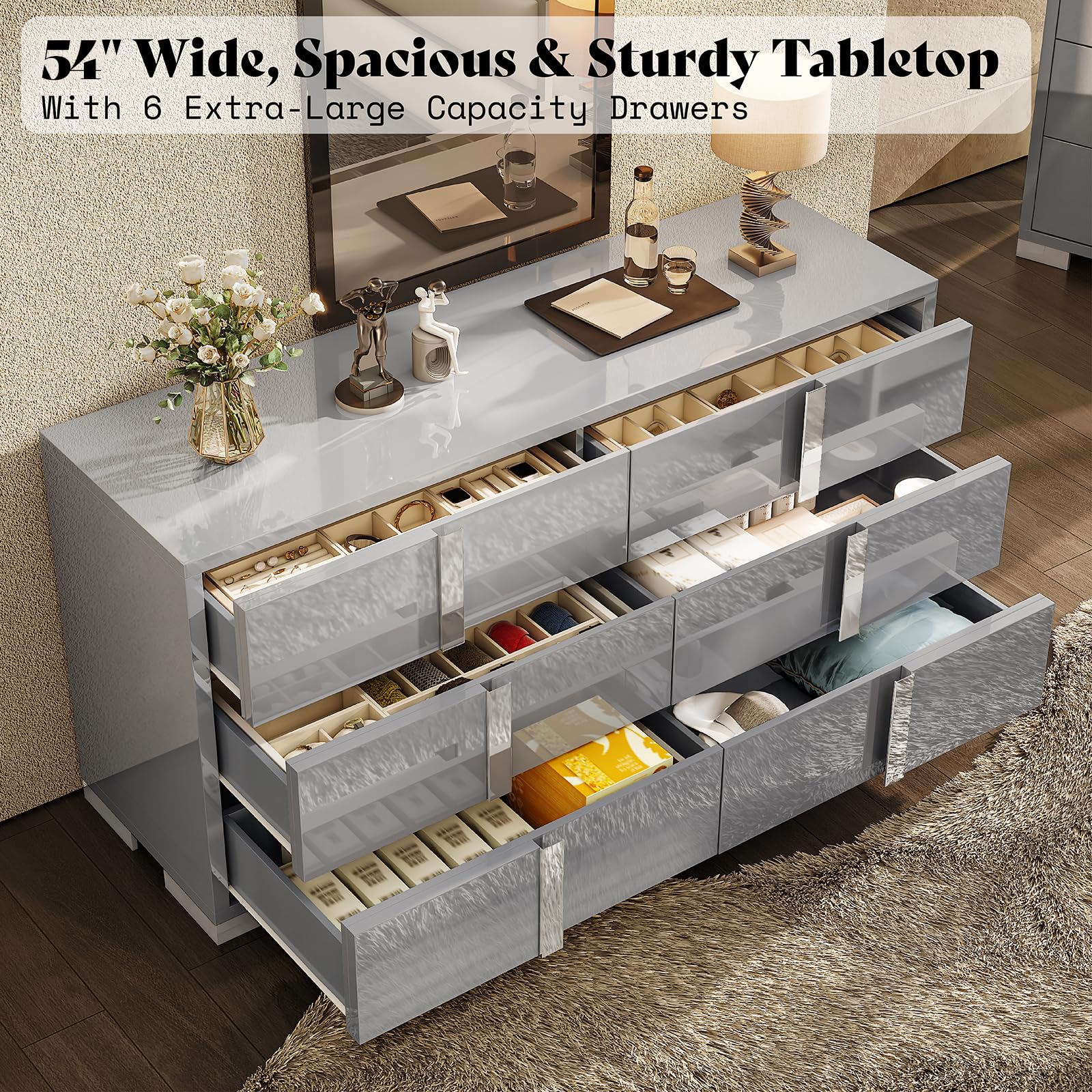 grey and silver dresser AMERLIFE 6 Drawer Dresser, Modern Storage Chest, High Gloss Finish, modern mirrored dresser