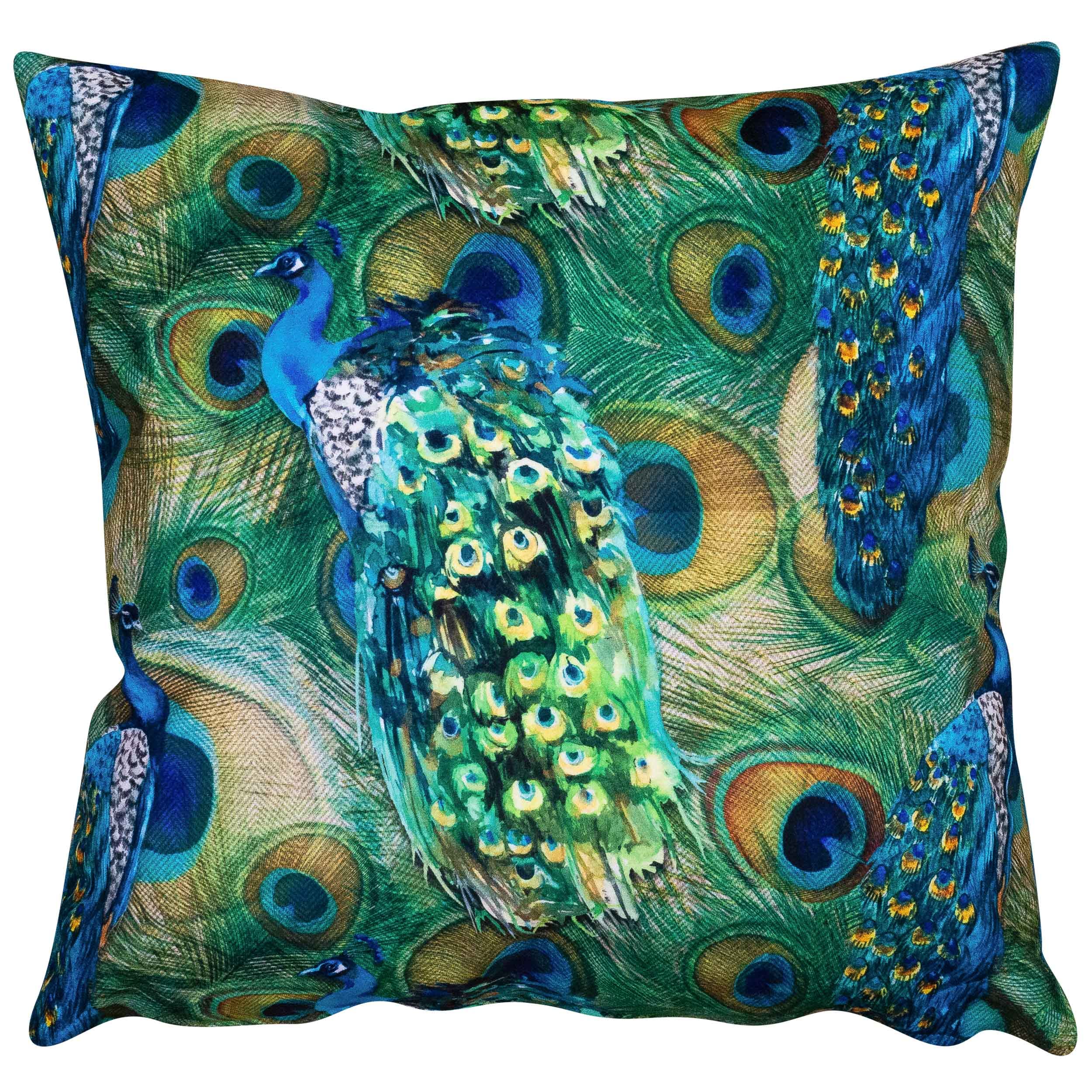 Linen Loft Velvet Peacock Procession Cushion Cover. Bright Modern Blue & Green Peacock Feathers. Backed With A Plain Soft Teal Velvet. 17x17 Square Cushion Cover Only