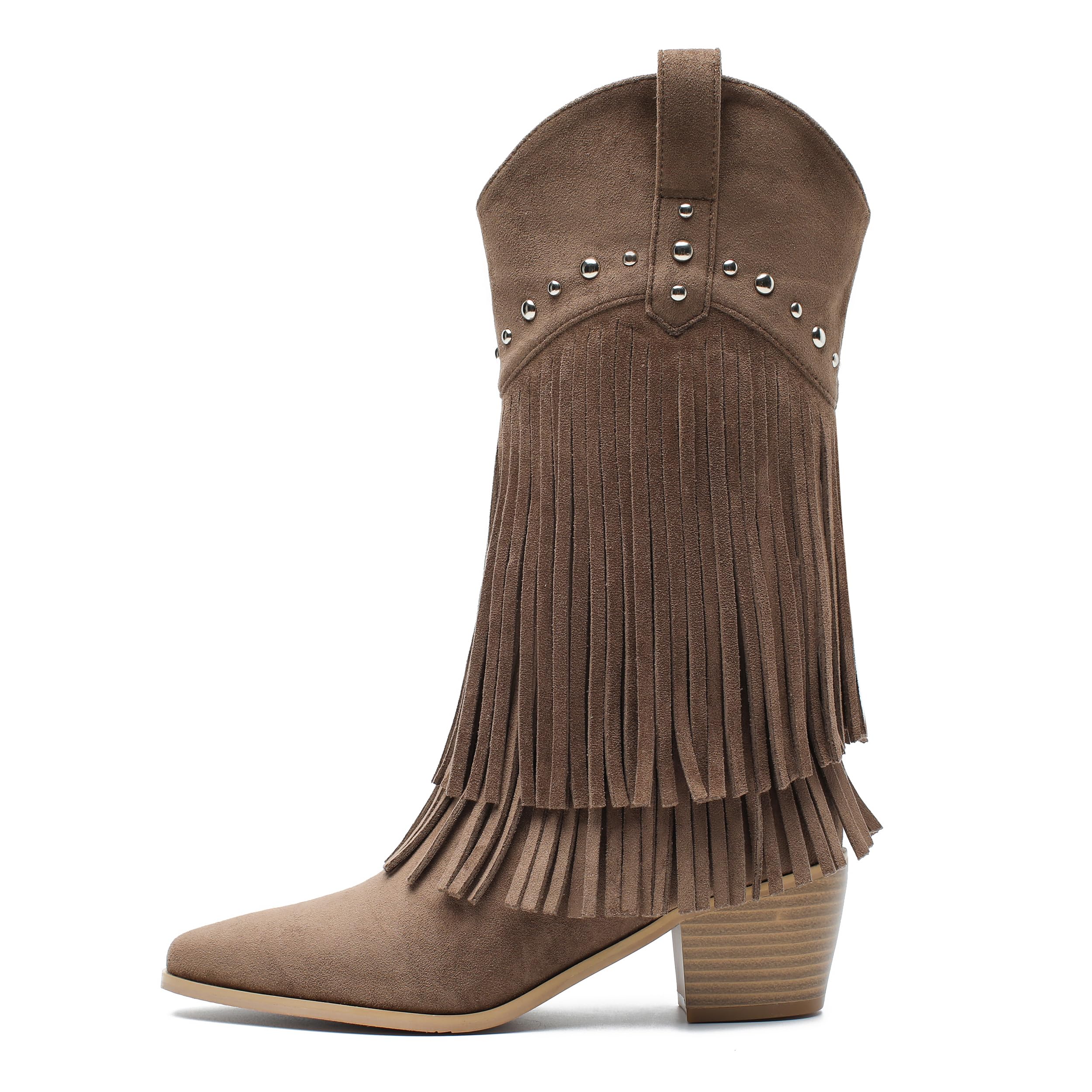fereshte Womens Western Fringe Boots Mid-Calf Cowgirl Boot with Studded Detail Stacked Block Heel Layered Tassel Design