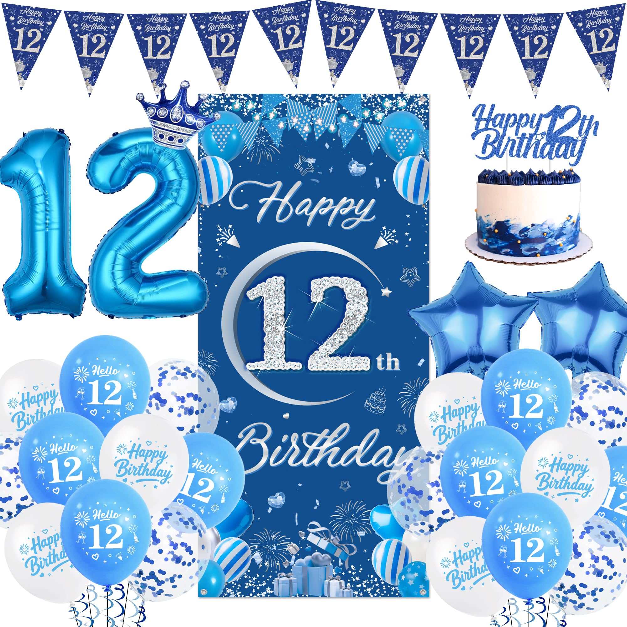 12th Birthday Decorations Banner Set - Official Pre-Teen Party Balloons with Pennants, Happy 12th Years Old Birthday Door Banner and Cake Topper for Boys Girls Celebrations