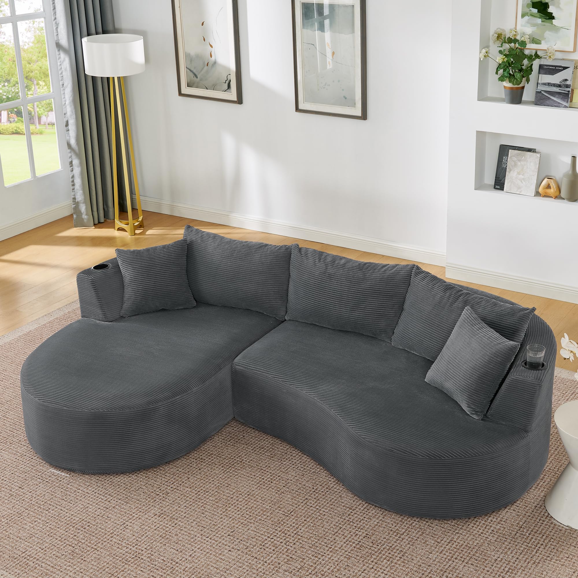 Canapé d'angle Convertible modulable 3-4 Places–Design incurvé en Velours côtelé,avec Porte-gobelets et Coussins–Canapé compressé sans Montage–Salon,Appartement(Gris+L)