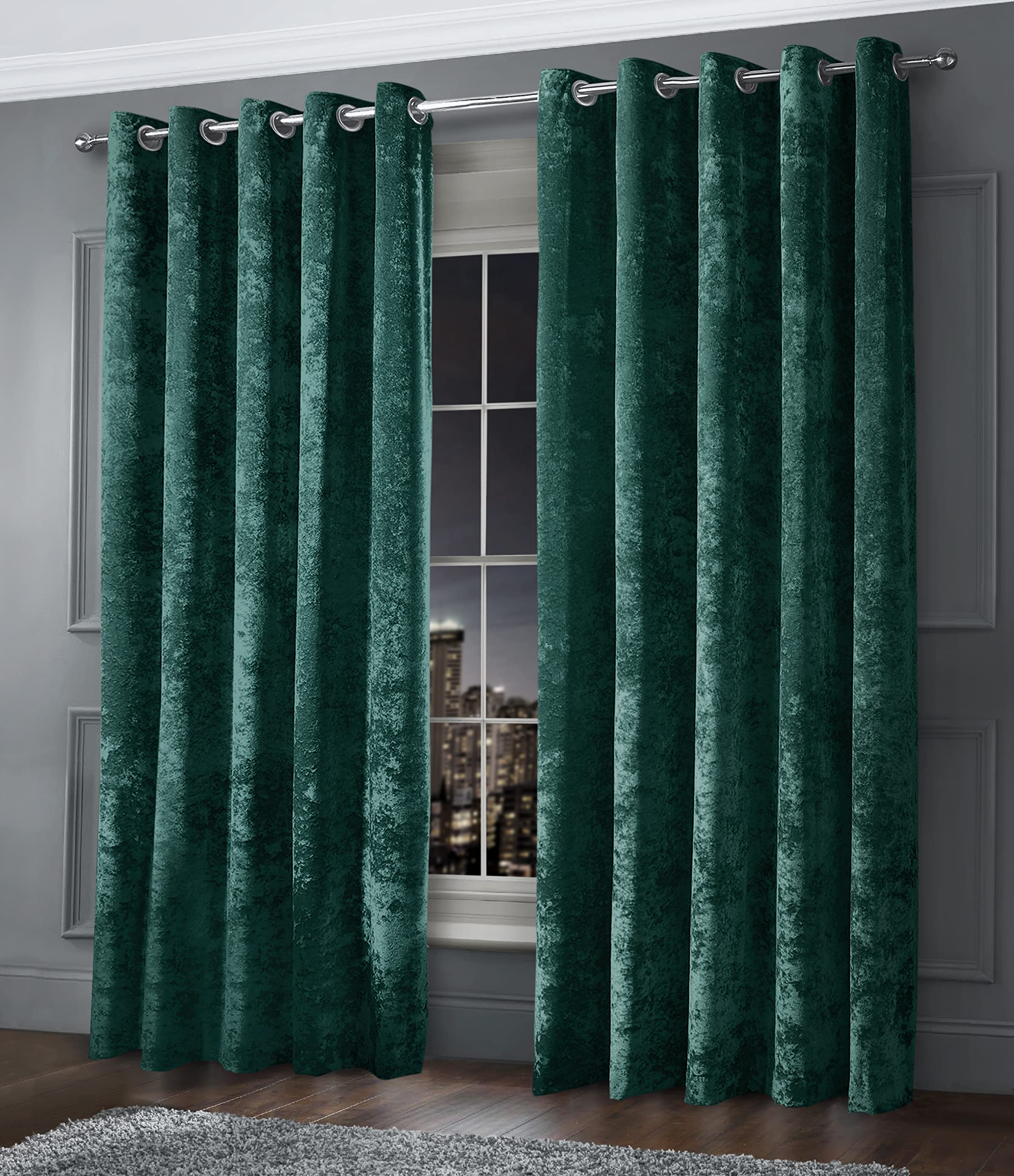 Intimates Luxury Fully Lined Thick Crushed Velvet Ringtop Pair of Curtains Eyelet Curtain Panels Dimout Window Treatment (Emerald Green, W 90" x L 72" (2 Panels))