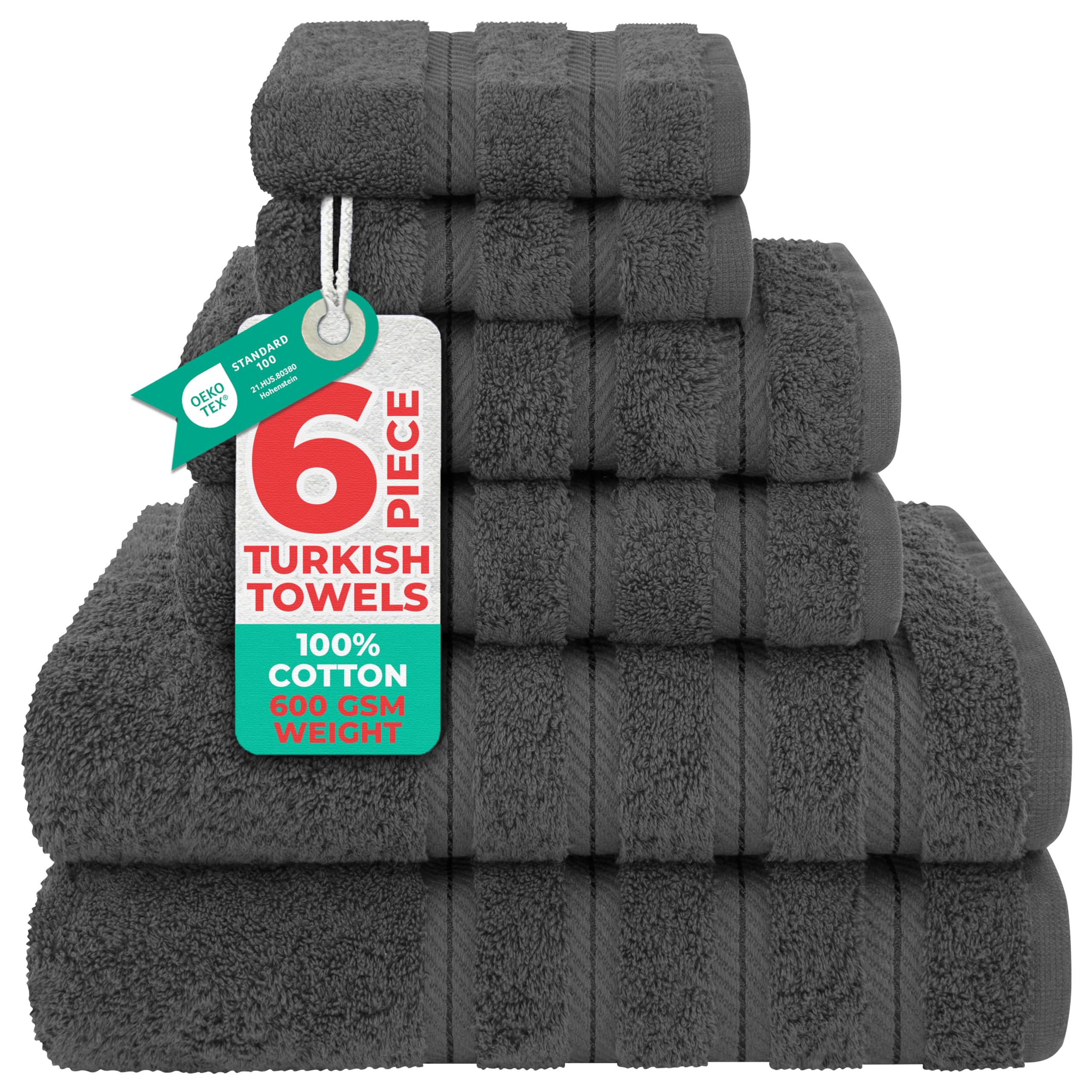 American Soft Linen Luxury 6 Piece Towel Set, 2 Bath Towels 2 Hand Towel 2 Washcloths, 600 GSM 100% Cotton Turkish Towels for Bathroom, Dark Gray Towel Sets