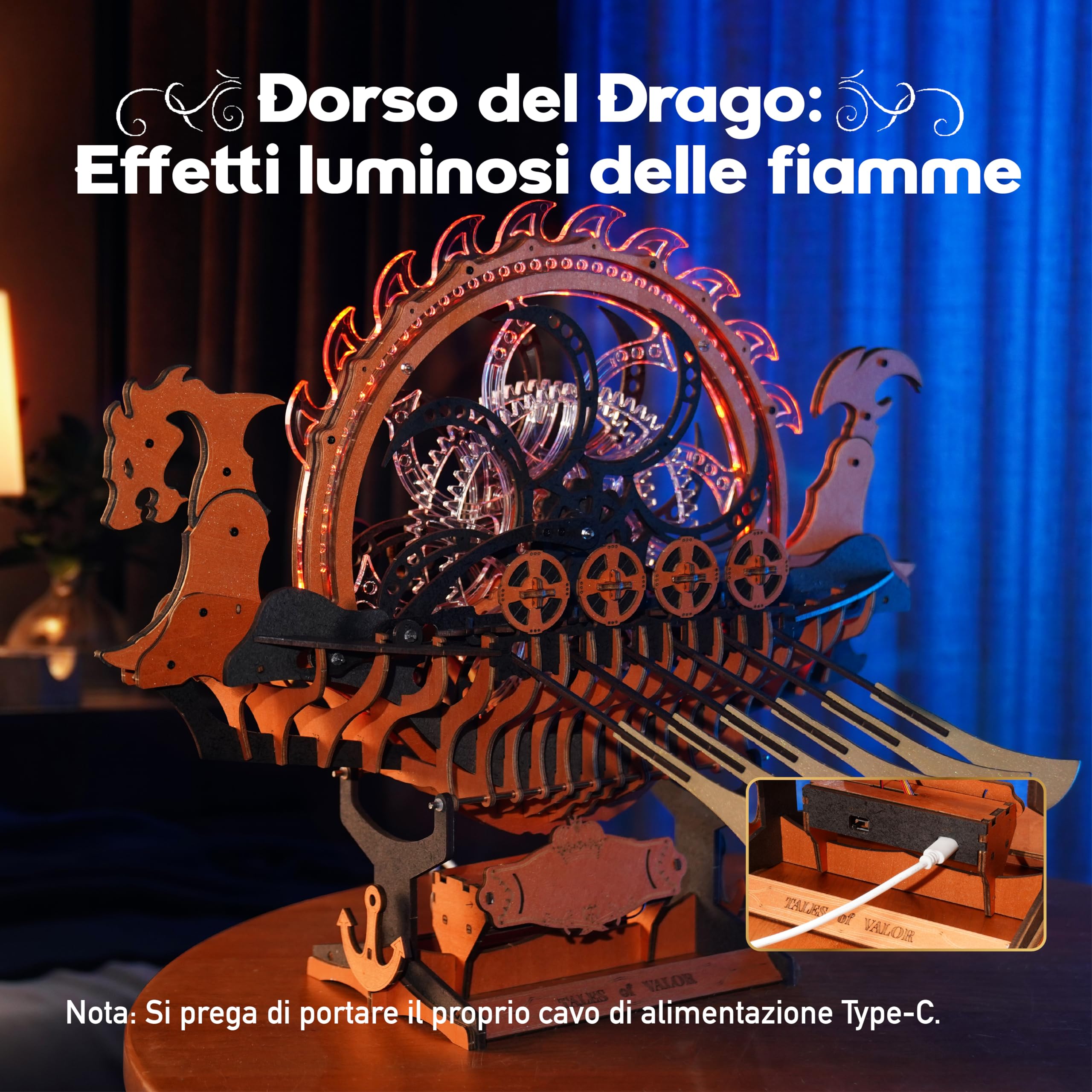 ROBOTIME Puzzle 3D in Legno Modellismo da Costruire Adulti, Modello di Nave Drago Vichinga Con Motore e Luce LED, Trasmissione Meccanica a Ingranaggi, Regalo Speciale Nave LK802