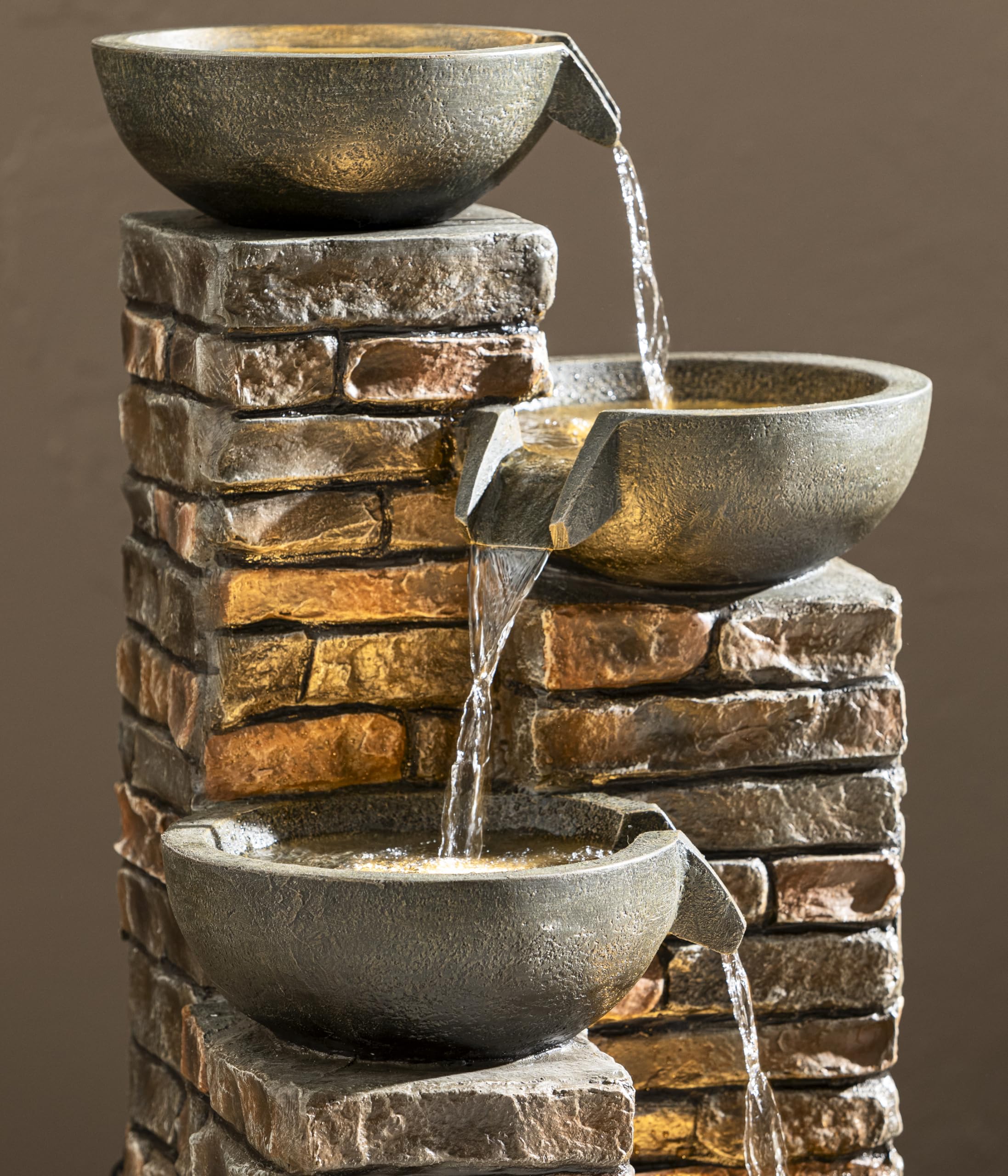 Dehner Gartenbrunnen Mattone, Outdoor-Brunnen, mit LED-Beleuchtung, solarfähig, ca.46x89x43 cm, Polyresin, grau