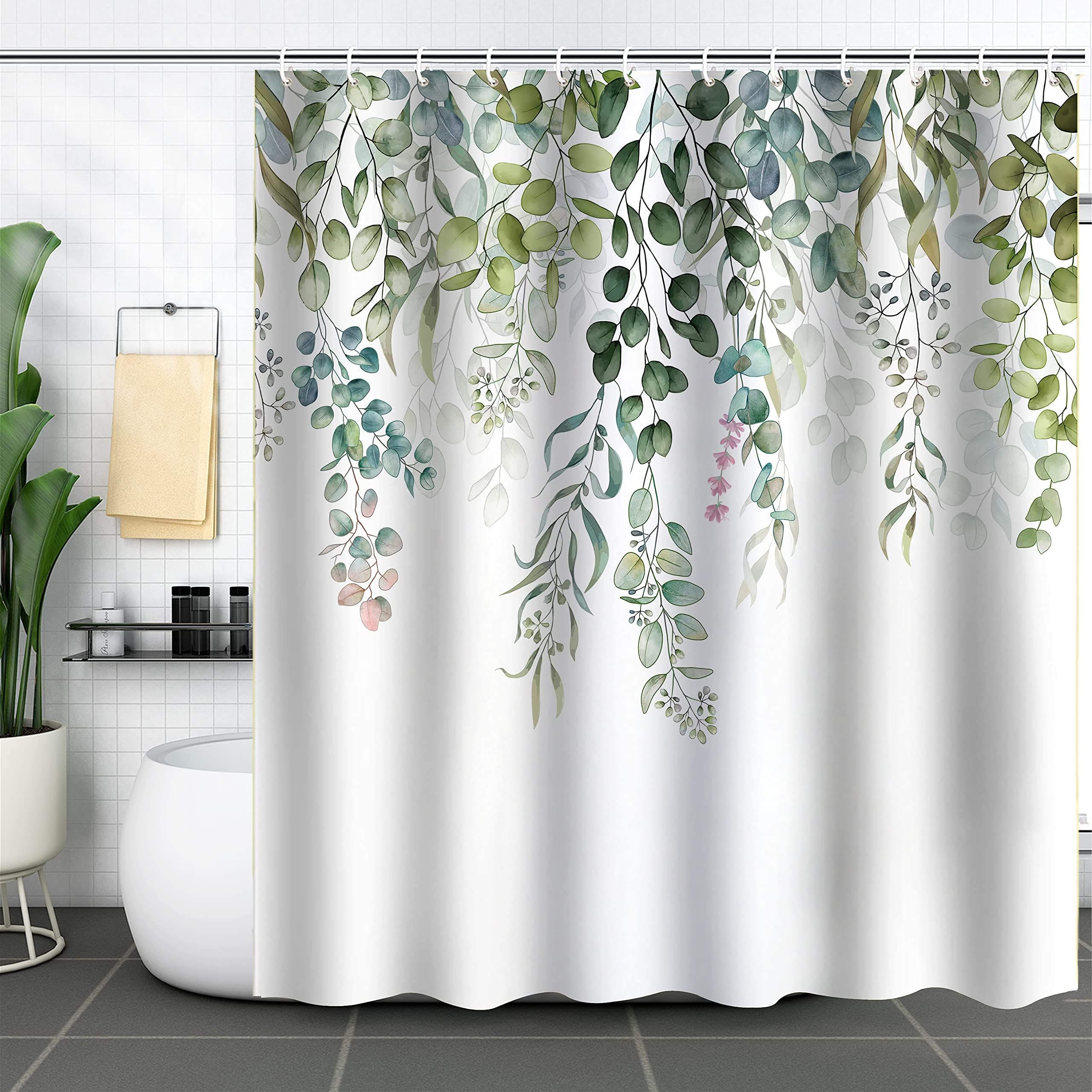 Duschvorhang, schimmelresistent, wasserdichter Badewannenvorhang aus Polyestergewebe, grüne Blätter, 240 x 200 cm (B x H)