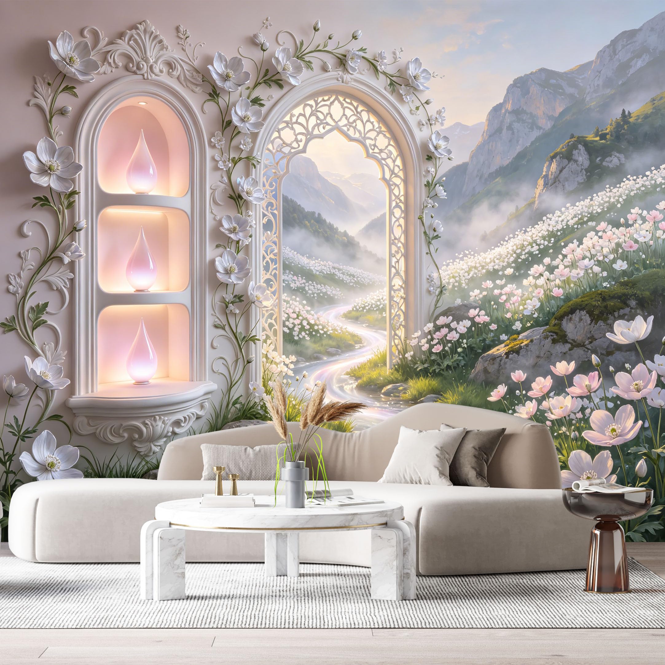 Custom Size Wall Murals Magical Ethereal Stone Archway Pastel Landscape 3D Trompe L'Oeil SelfAdhesiveWall Fabric Removable Wallpaper Wall Decor for Living Room Bedroom Bathroom