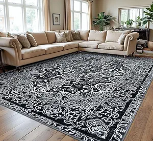 KUTA Area Rugs 9x12 Living Room, Vintage Medallion Washable Large Rug for Bedroom 9ft x 12ft Non-Slip, Ultra Soft Printed Modern Floral Distressed Low-Pile Dining Room Carpet Black