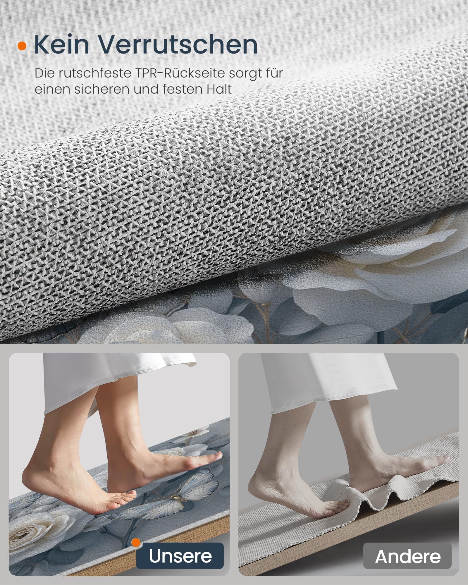 Tapis Entree Interieur Luxe Floral 80x120cm Lavable en Machine, paillasson AntidéRapant Poil Ras, Papillons Roses en Relief pour Chambre Salle a Manger Cuisine, Gris Bleu