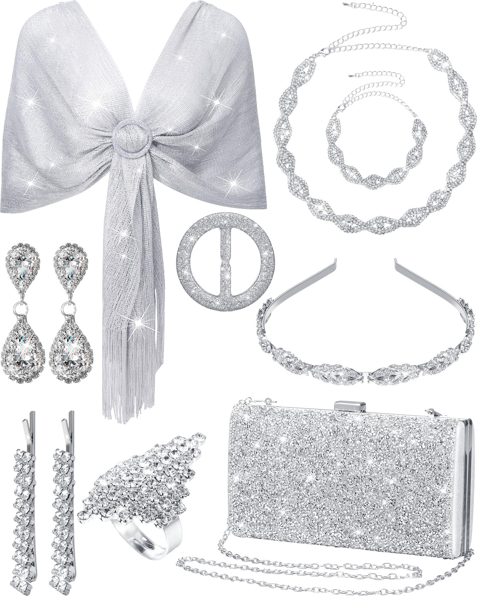 Shihanee 8 Pcs Women Rhinestone Jewelry Set Includes Shawls and Wraps Clutch Purses Crystal Headband Hair Pin Finger Ring for Wedding Evening Bridal