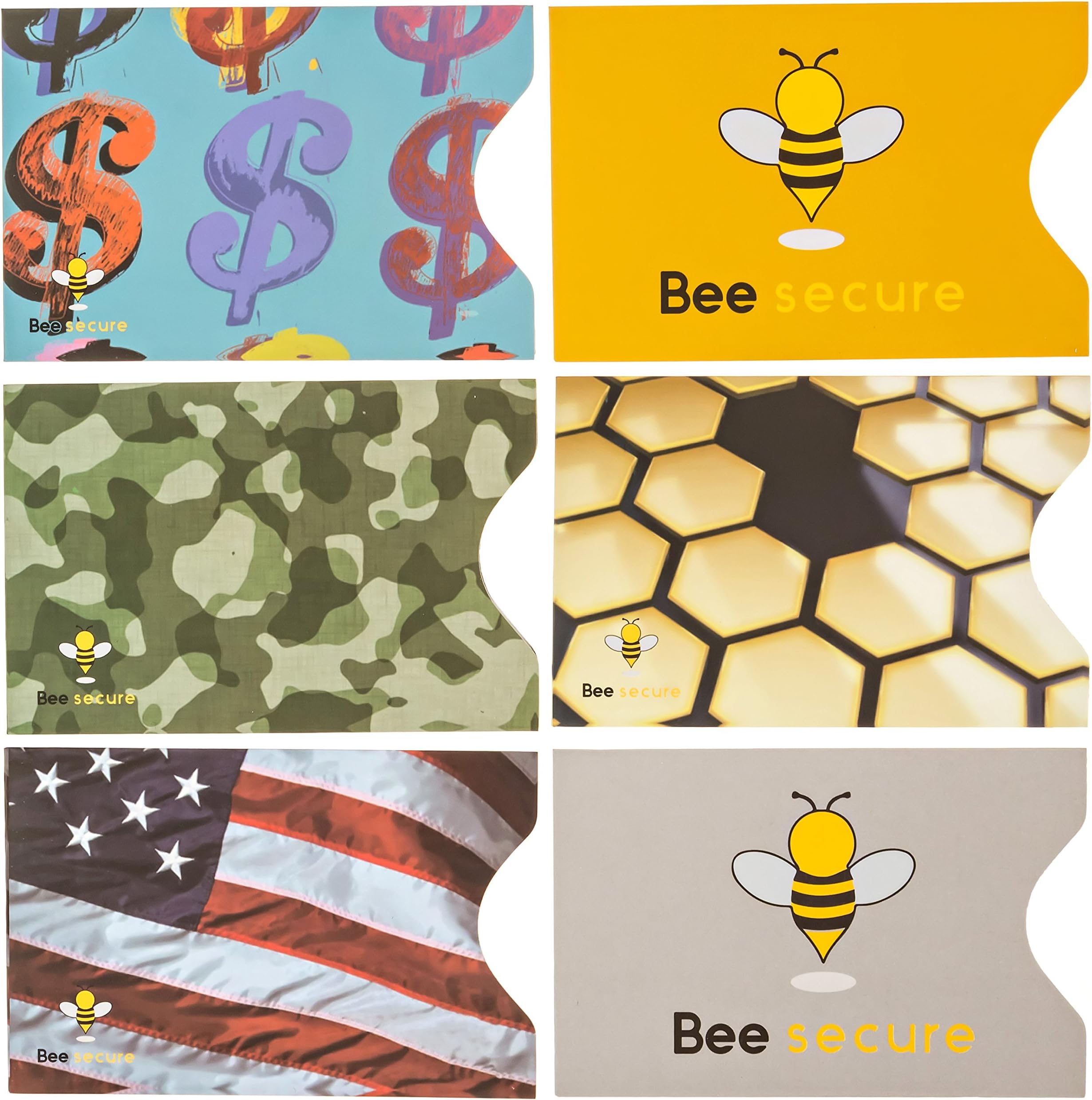 Credit & ATM RFID Protector Sleeve by BEE SECURE, Advanced Blocking Technology Prevents ID Theft, includes 6 UNIQUE and STYLISH Designs for Men & Women, Bee safe and secure