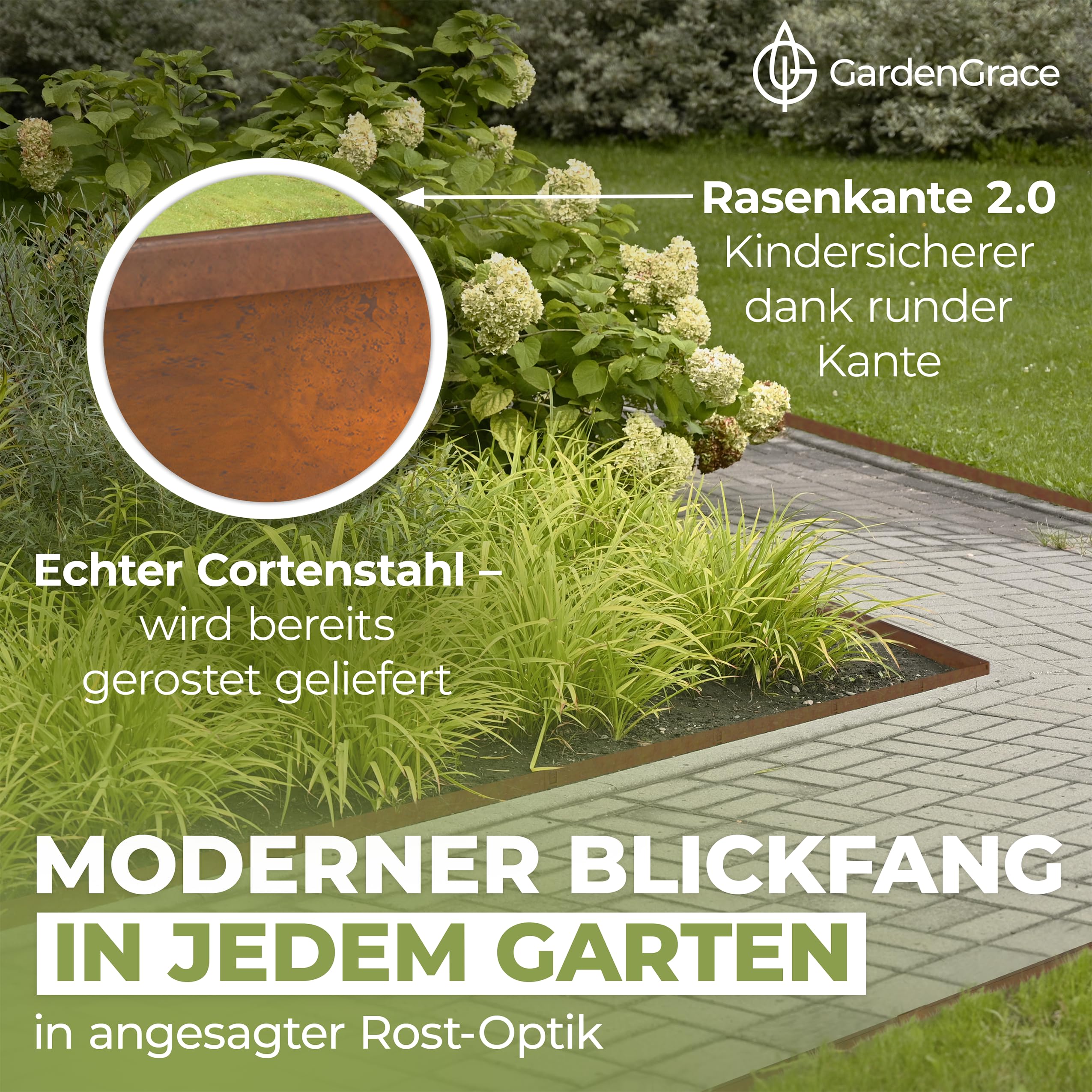 GardenGrace Cortenstahl Rasenkante mit runder Kante 5m x 1,5mm,16cm hoch - Premium Beeteinfassung Metall - Flexible Beetumrandung aus Edelrost Stahl für Garten| Rasenbegrenzung| (5)