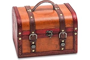 Trademark Innovations 10" Wood and Leather Decorative Chest: Unveil Rustic Elegance in Your Home