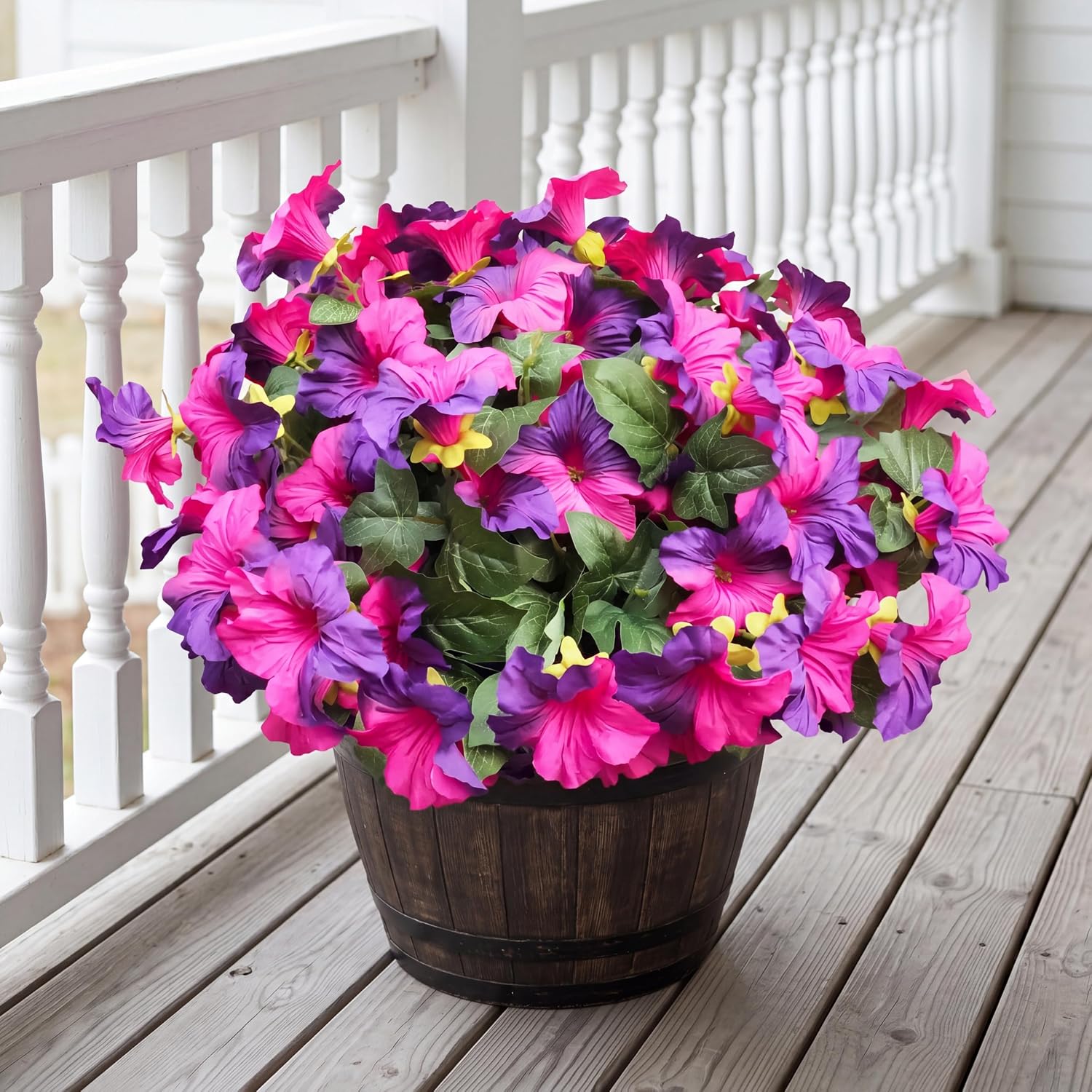 Artificial Fake Flowers Plants for Outdoor Decoration, 4PCS Faux Petunias Silk Flower UV Resistant No Fade for Home Outside Garden Balcony Yard Porch Realistic Indoor Decor (PinkPurple)