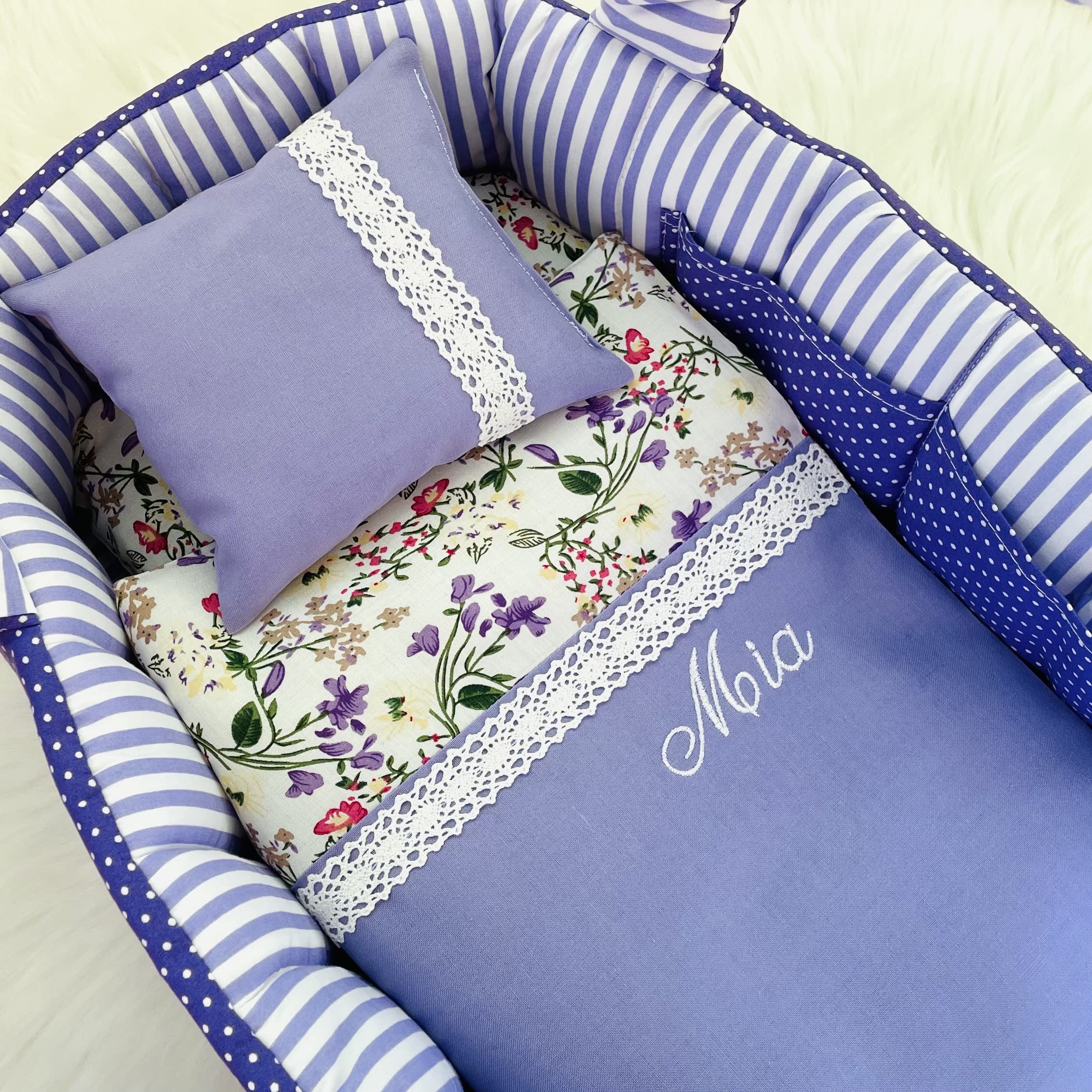 Puppentragetasche für Puppen 30-35cm mit Bettwäsche, Lila, Personalisierung, Waschbar