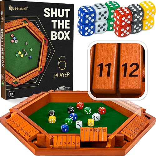 Shut The Box Game Tablero de madera para 1-6 jugadores, juego Shut The Box de 16 pulgadas, 12 números para adultos y niños, ideal para noches de