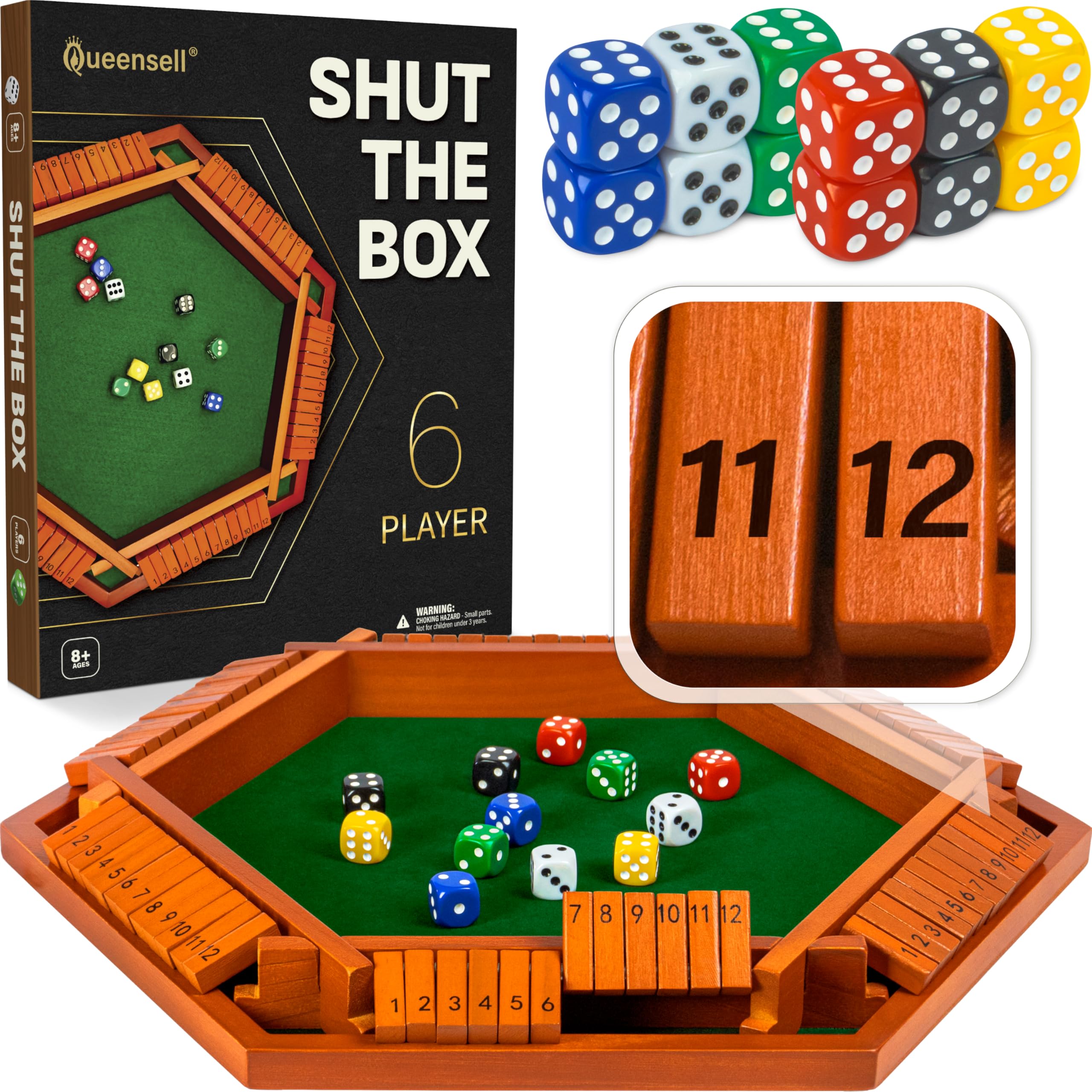 Shut The Box Game Wooden Board for 1-6 Players - 16-inch Shut The Box Game 12 Numbers for Adults & Kids - Ideal for Game Night