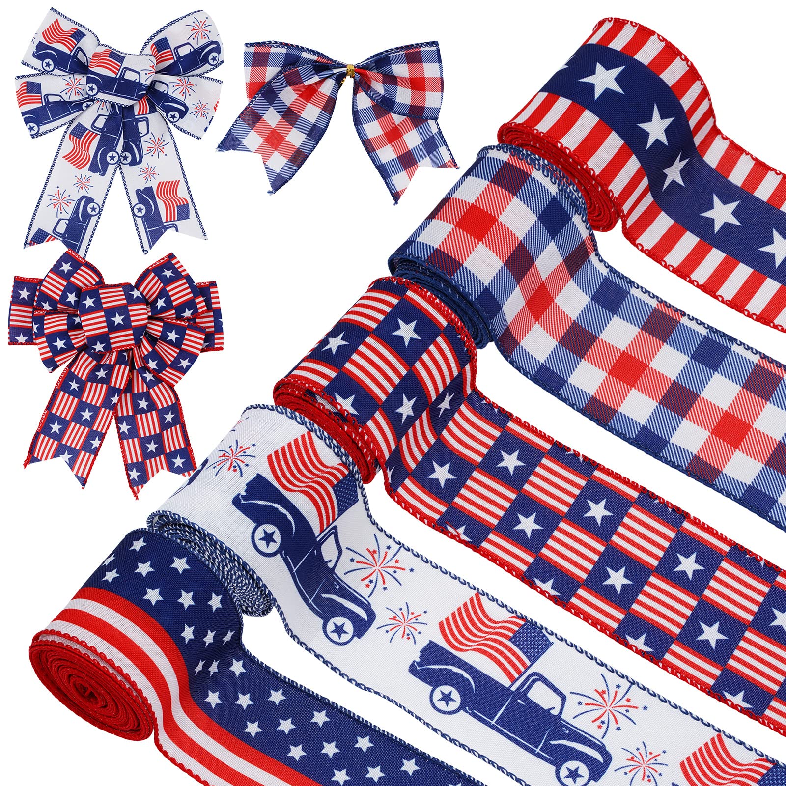 AnyDesign 30 Yards Patriotic Wired Edge Ribbon American Flag Stars Stripes Truck Craft Fabric Ribbons for 250th Anniversary 4th of July Independence
