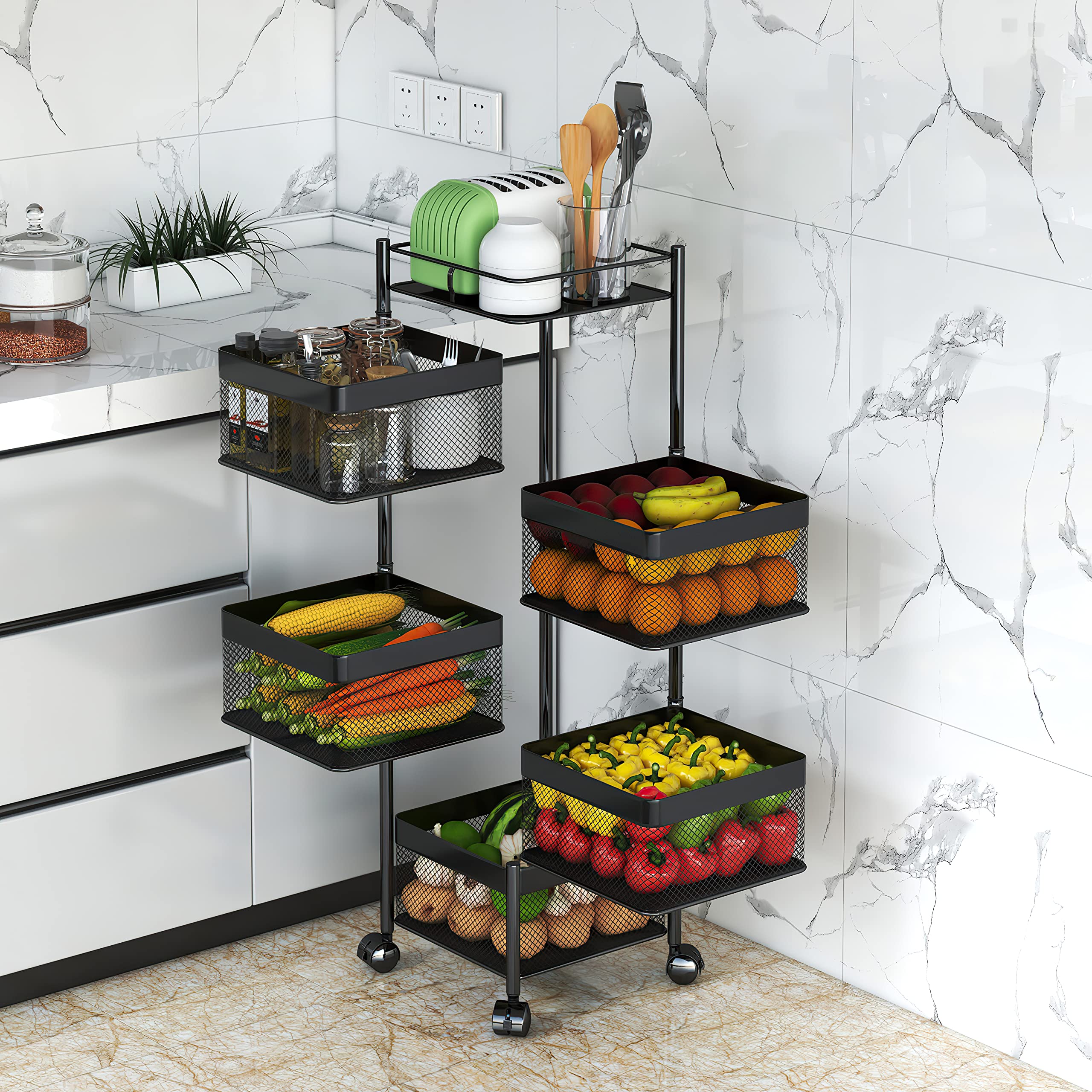 Rotating Multi-Layer Kitchen Storage Shelf,Xinyourui Fruit Vegetable Storage Basket，Floor-Standing Rolling Vertical Shelving，Multifunctional Household Shelf for Bedroom,Bathroom(Black, 5 Tier-Square)