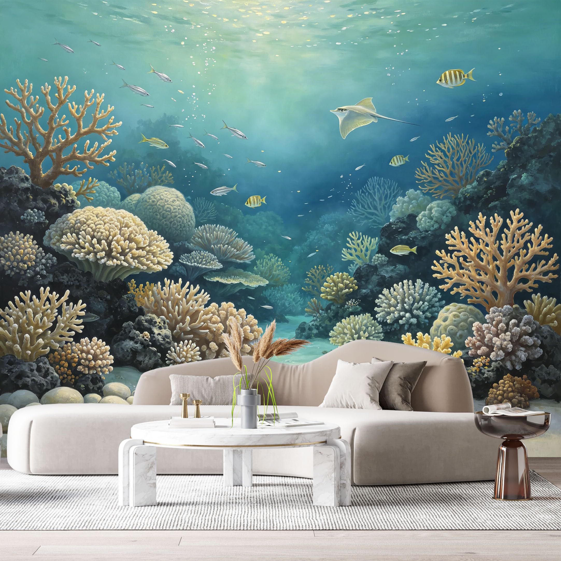 Custom Size Wall Murals Underwater Ocean Marine Life Coral Reef Stingray Oil Painting SelfAdhesiveWall Fabric Removable Wallpaper Wall Decor for Living Room Bedroom Bathroom