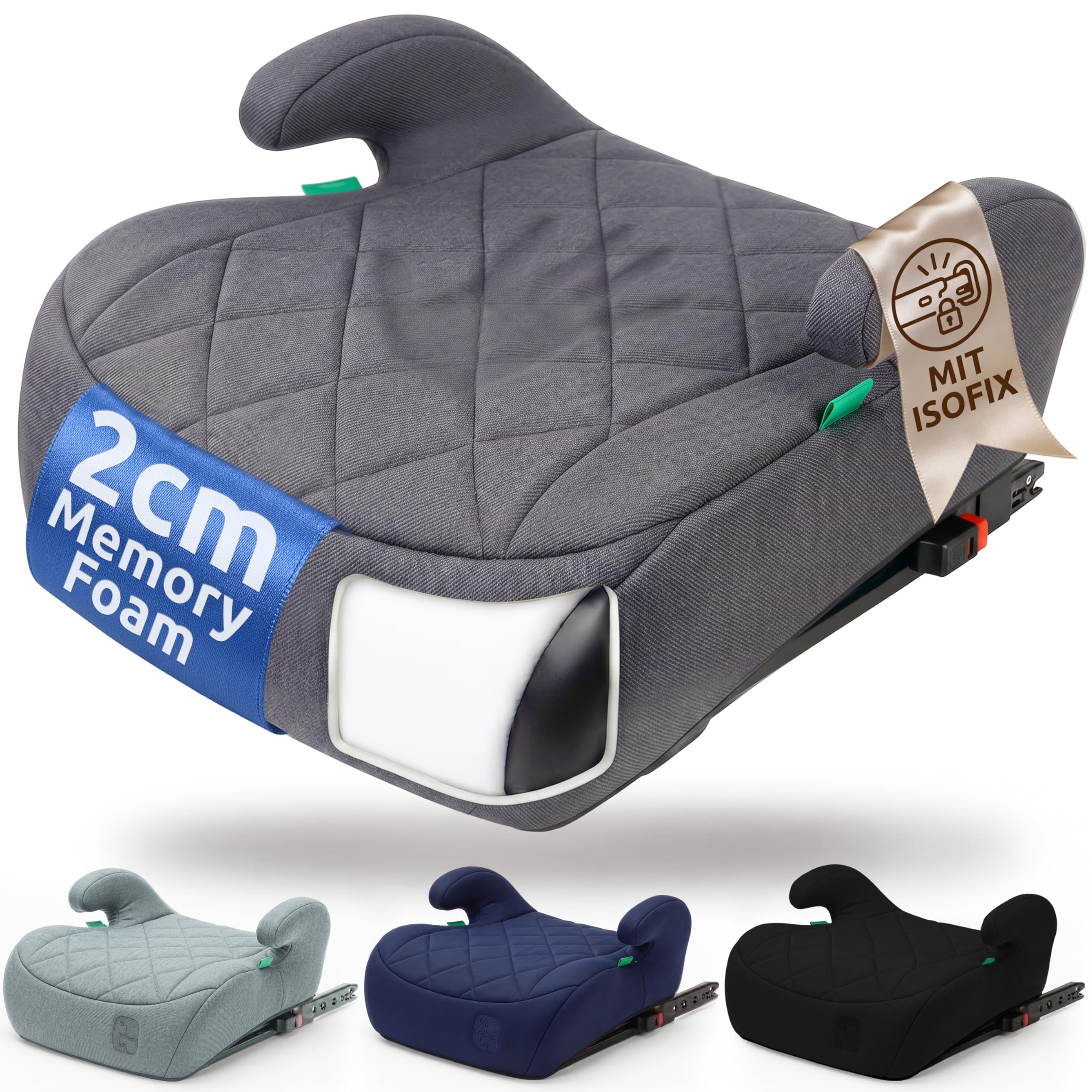 Mallie® Premium Kindersitzerhöhung Isofix mit 2 cm Memory Foam | Sitzerhöhung Auto Kinder 15-36 kg, ECE R129 | Kindersitz Isofix ab 6 Jahre, 125-150 cm (Grau)
