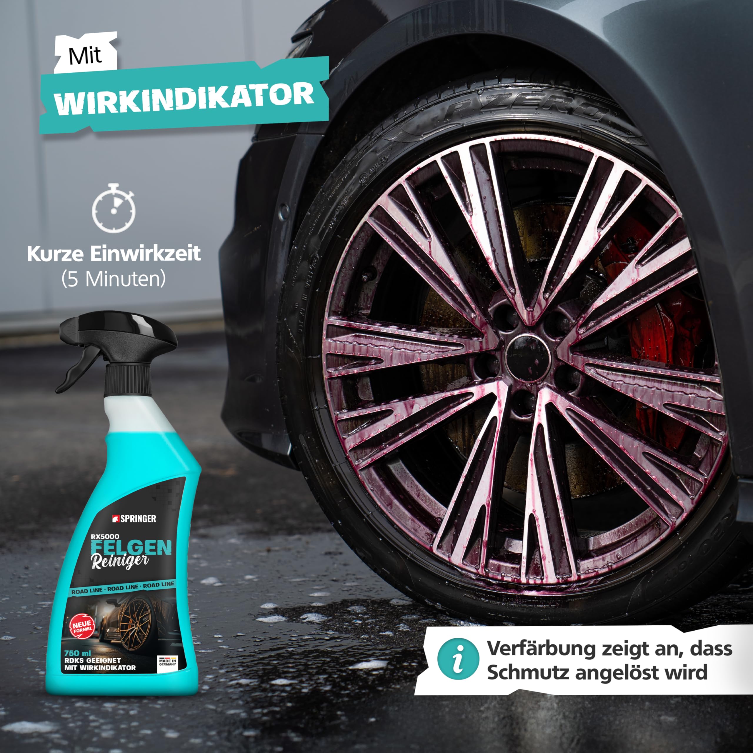 SPRINGER RX5000 Felgenreiniger 5 L, säurefrei | Made in Germany | Felgenspray materialschonend | gut haftende Gel-Formel | mit Wirkindikator | für alle Felgen