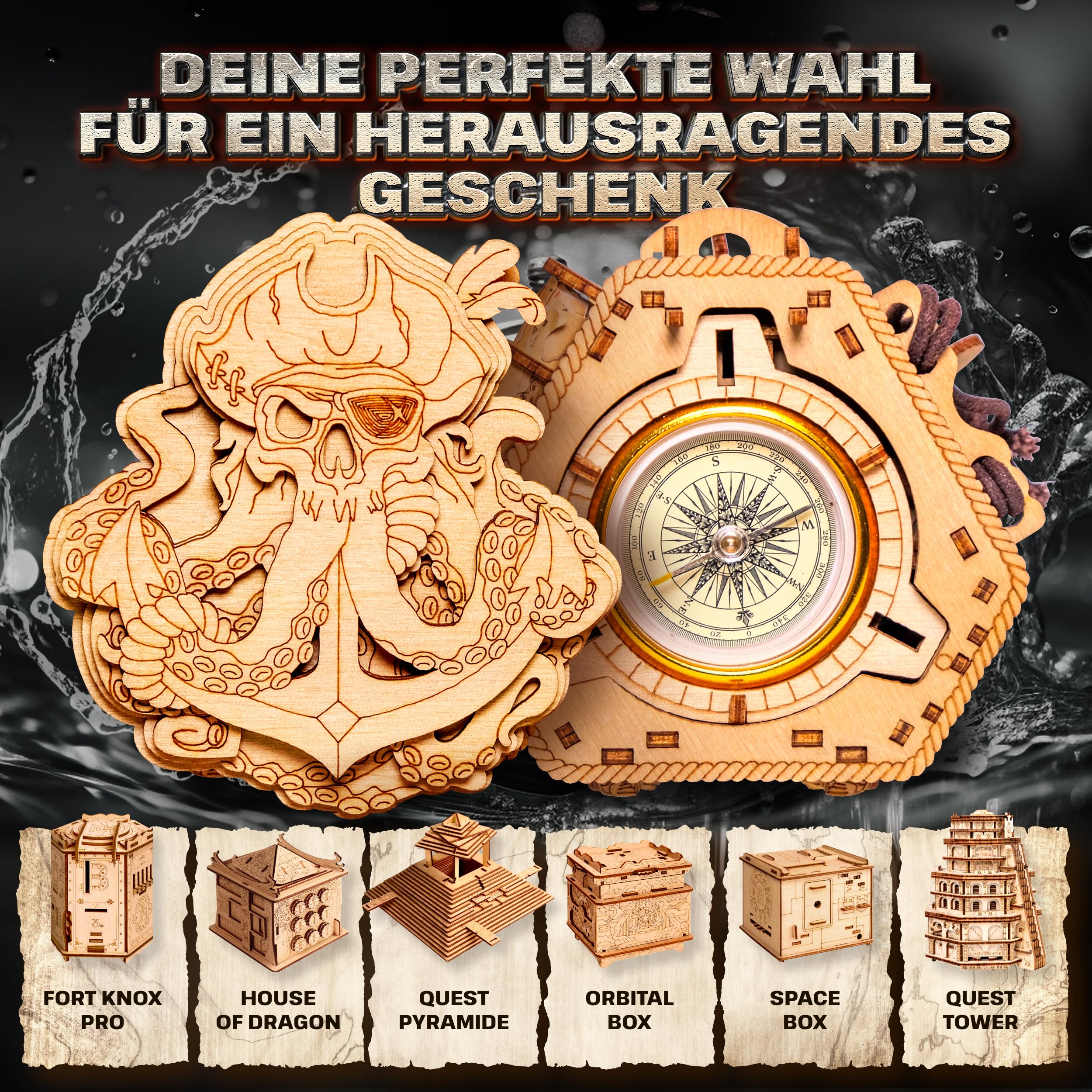ESC WELT Blackbeard's Compass Puzzle Box - Escape Room in a Box - Denksportaufgabe - 3D Fluchtspiel Spardose - Geschenkbox Rätselspiel - Puzzle Box für Kinder und Erwachsene - Geschenkbox Puzzle Spiel