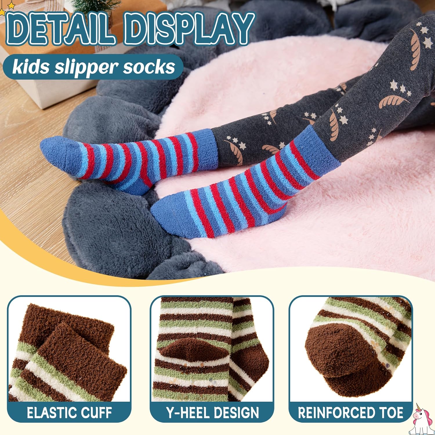Eyean Kids Fuzzy Socks Non Slip Soft Fluffy Slipper Grips Socks Warm Plush Cozy Cabin Boy Girls Crew Socks 6 Pairs - Image 4