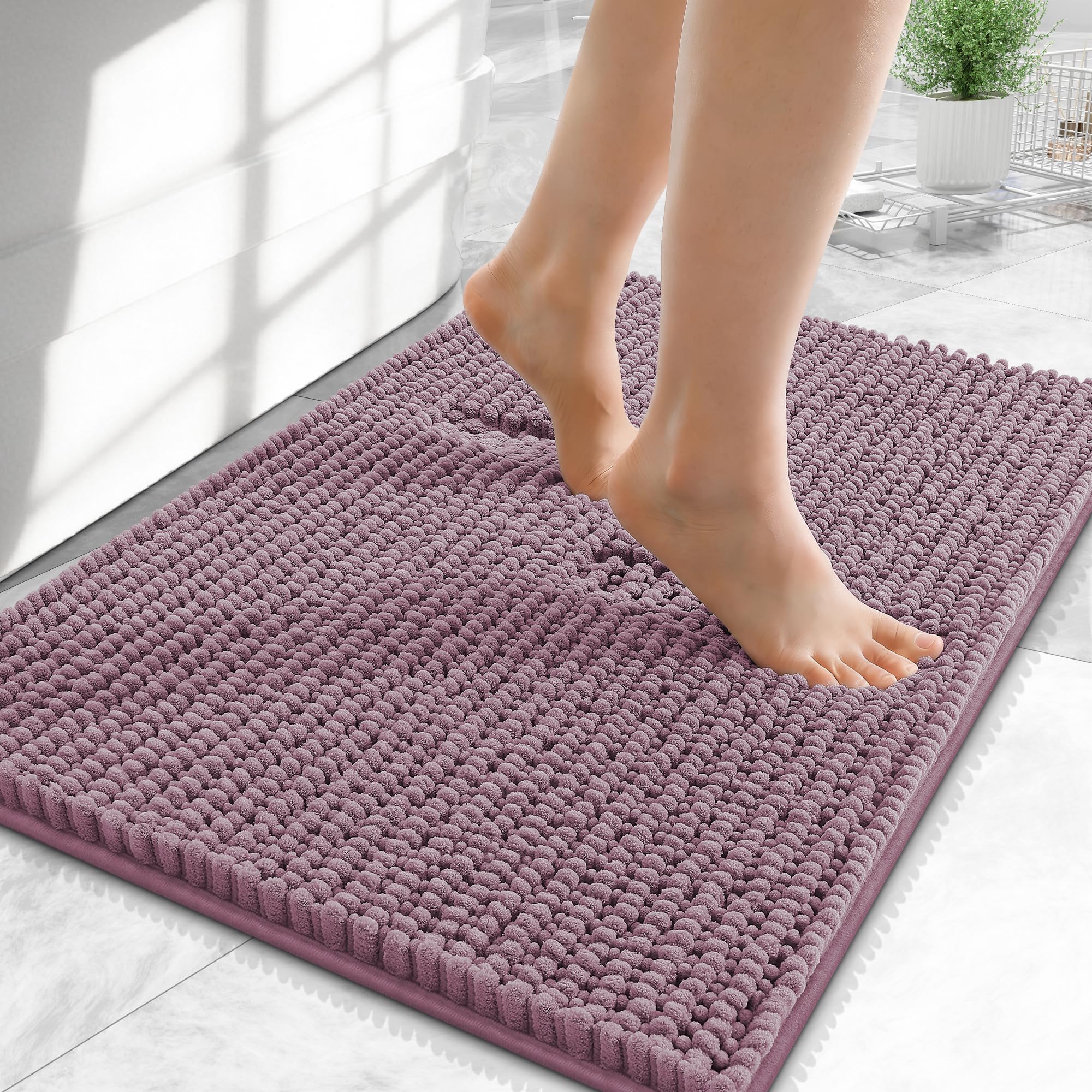 OLANLY Thick Chenille Small Bathroom Rugs Mats 24x16, Deep Plum