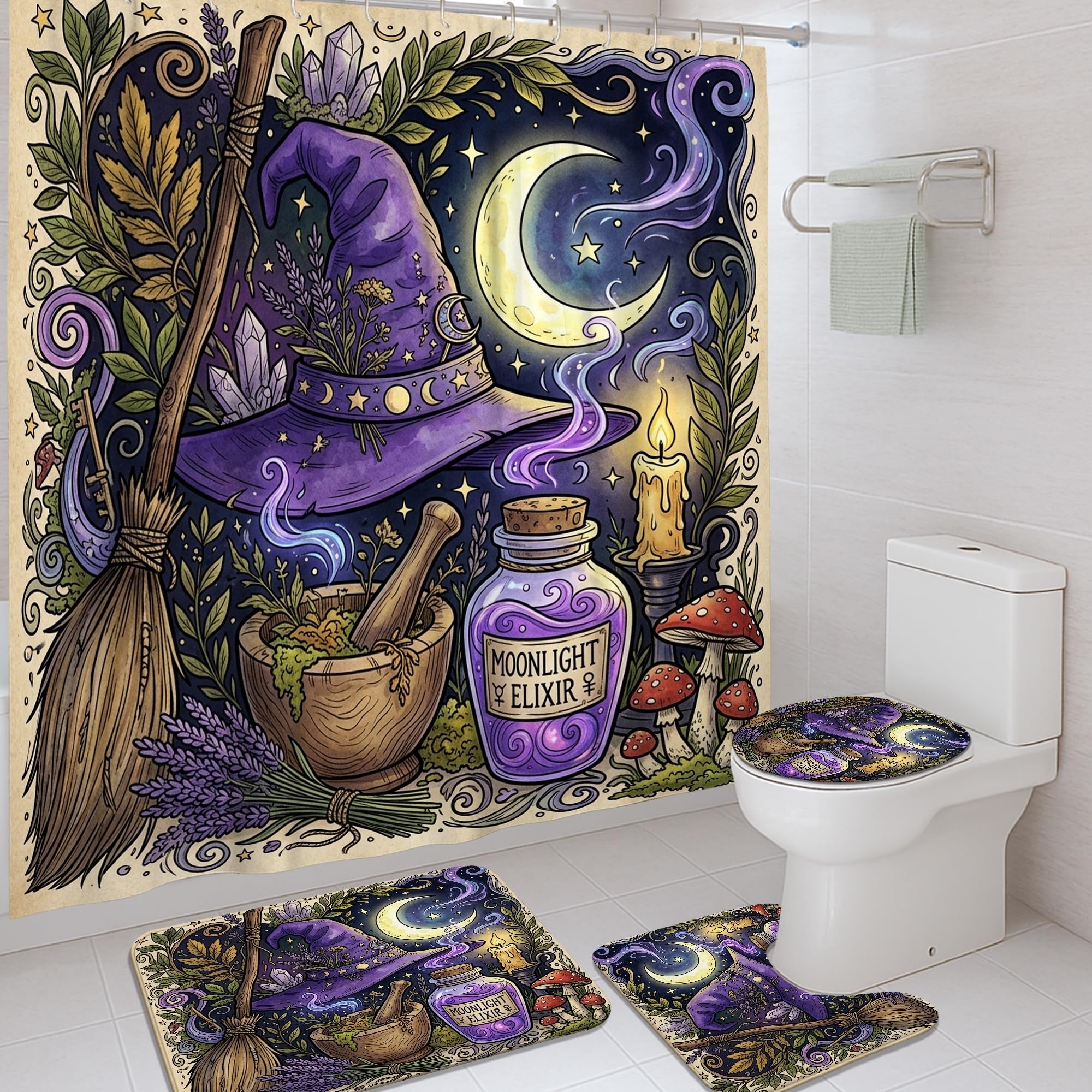 Bâton de balai d'Halloween ensemble rideau de douche et tapis pour des bains magiques