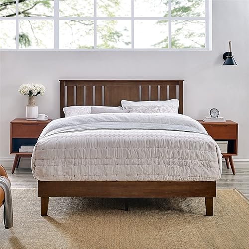 Miniatura 4 de MUSEHOMEINC Cama de plataforma de madera maciza tamaño King, marco de cama moderno de mediados de siglo con cabecera de altura ajustable, soporte de