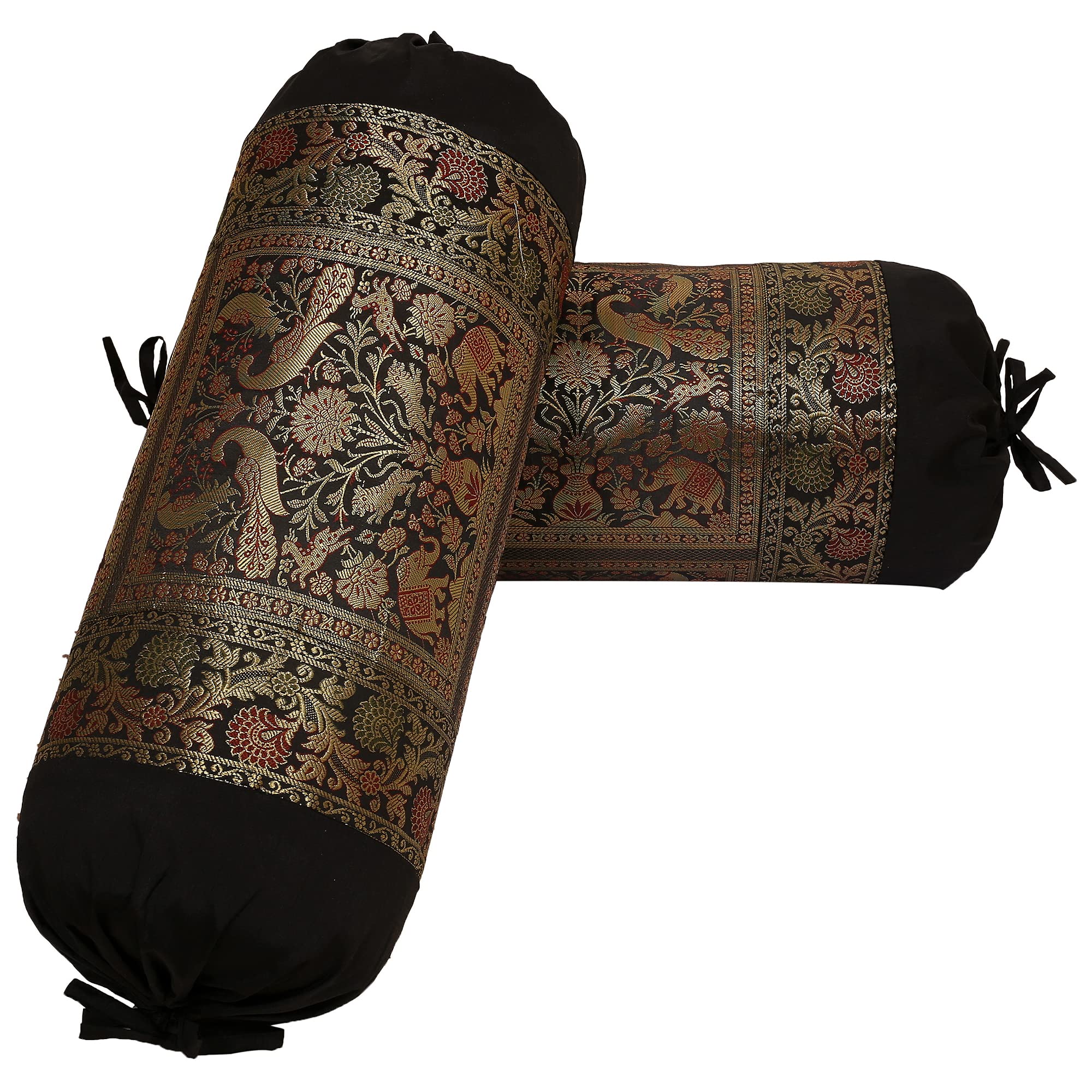DK Homewares Ethnic Brocade Polydupion Silk Cylinder Diwan Bolster Pillowcases Black Elephant 76x38 cm Jacquard Weave Home Decor Tube Cushion Covers - (Set Of 2)
