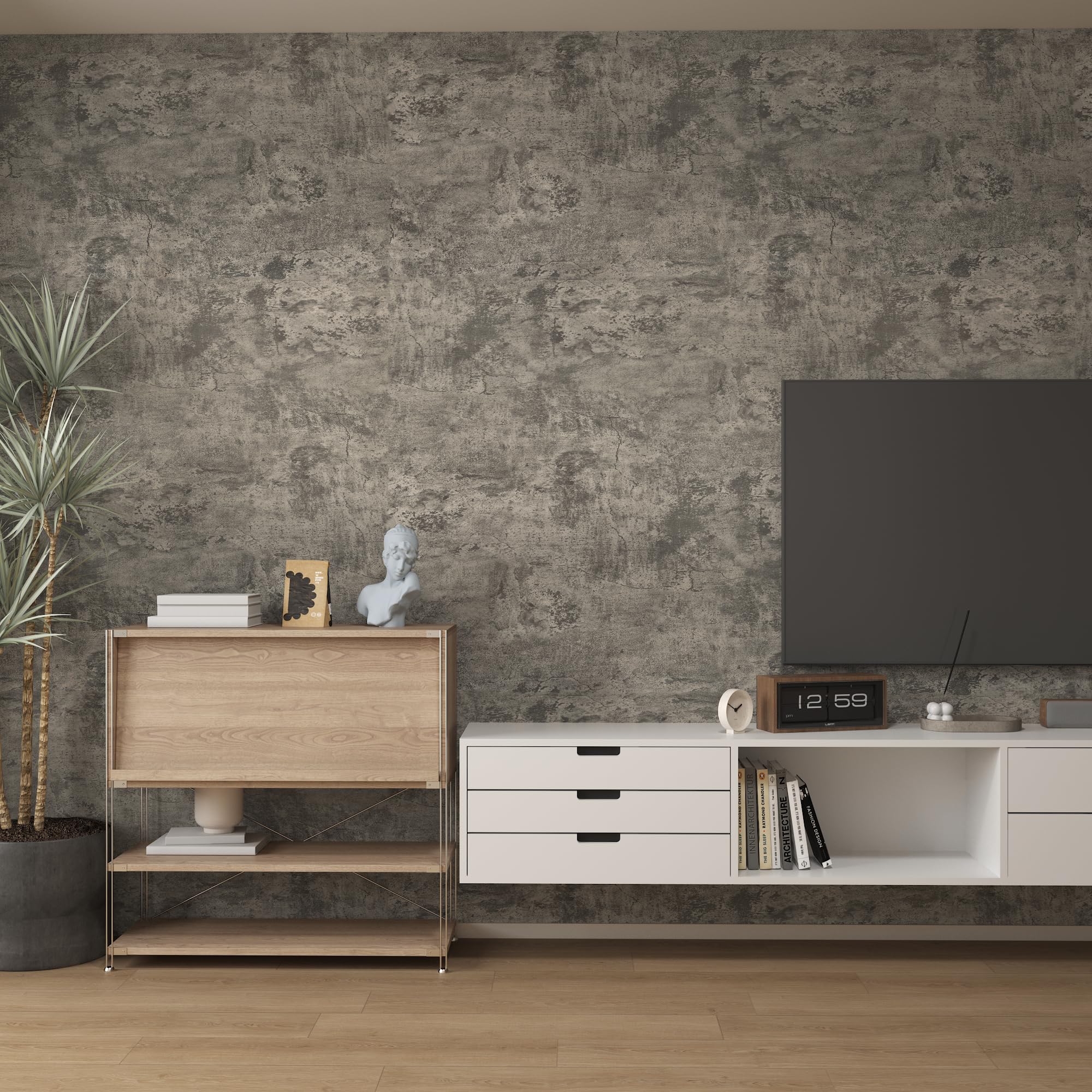 16"×591" Light Brown Grey Concrete Wallpaper Peel and Stick 3D Industrial Cement Contact Paper Vinyl Wrap Matte Textured Self Adhesive Wall Tile Sticker for Walls Kitchen Countertops Bedroom Bathroom