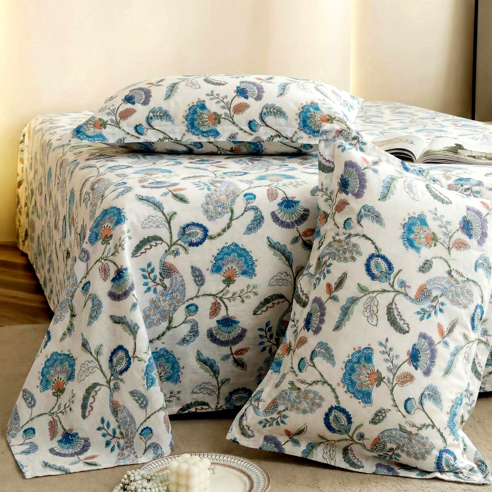 LOOMLYFE King Size 100% Pure Cotton Bed Sheet with 2 Pillow Covers, 300 TC Premium Bedding Set, 100x108 inches - BlueAnokhi-image-23