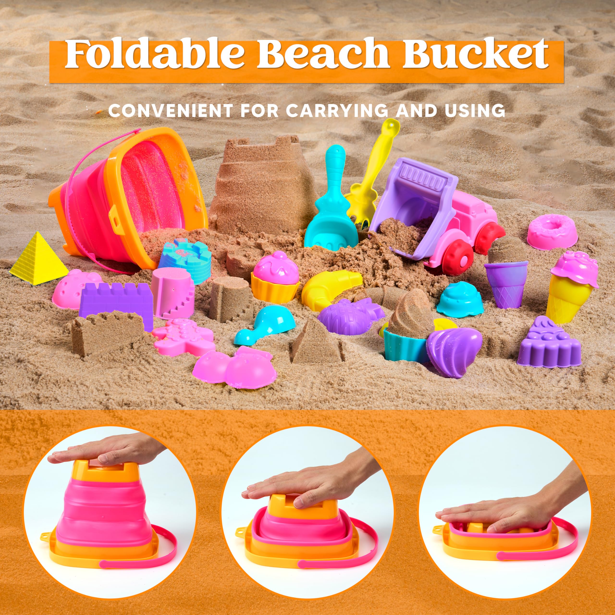 Sloosh Set di giocattoli per sabbia da spiaggia, giocattoli da viaggio con camion per auto, secchi pieghevoli, pala di sabbia, castello, gelato, set con borsa a rete, giocattoli per bambini e bambine
