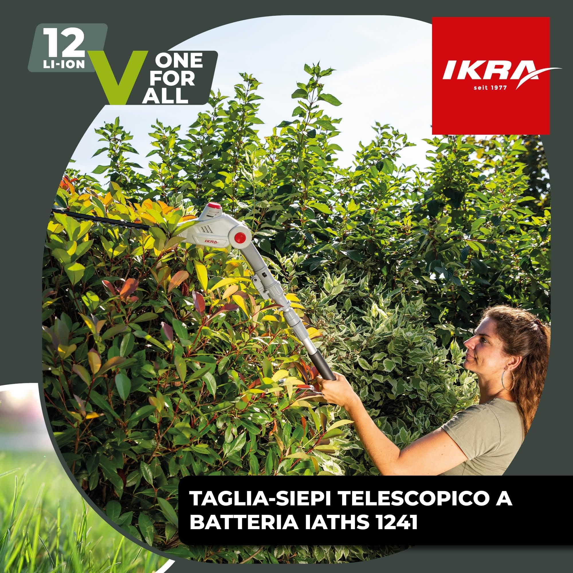 IKRA tagliasiepi telescopico IATHS 1241, incl. batteria e caricabatterie | Telescopico 1,80 m - 2,35 m, lunghezza di taglio 41 cm, regolazione dell'angolo di taglio, compatibile con batterie 12 V IKRA
