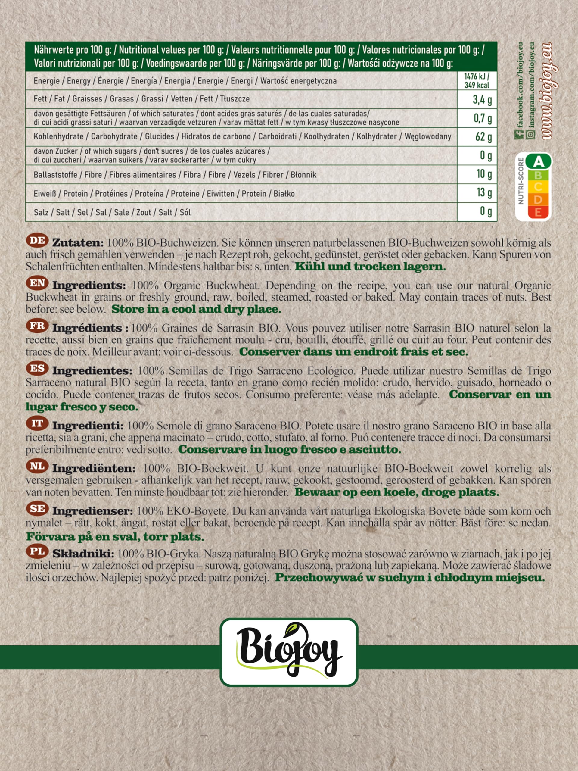 Biojoy BIO-Buchweizen (2,5 kg), roh und ganz, ohne Zusätze