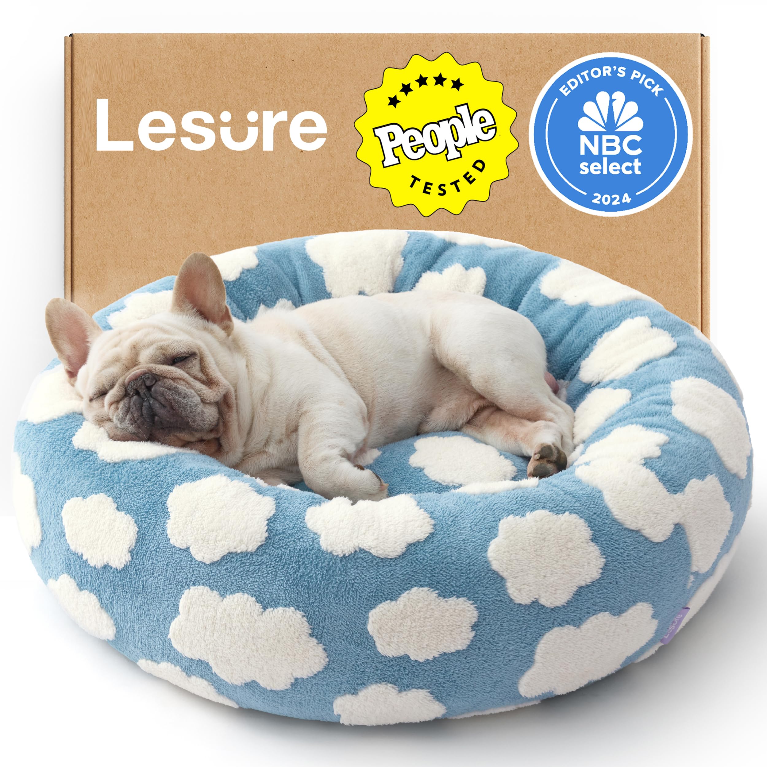 LE SURE Shown on TV Donut Dog Bed Medium Size Dog - Round Cat Beds Indoor as Bed Gift for Calming with Washable Cover, Cute Home Decor Bed with Jacquard Shaggy Plush & Anti Slip Bottom, 30 Inch, Blue